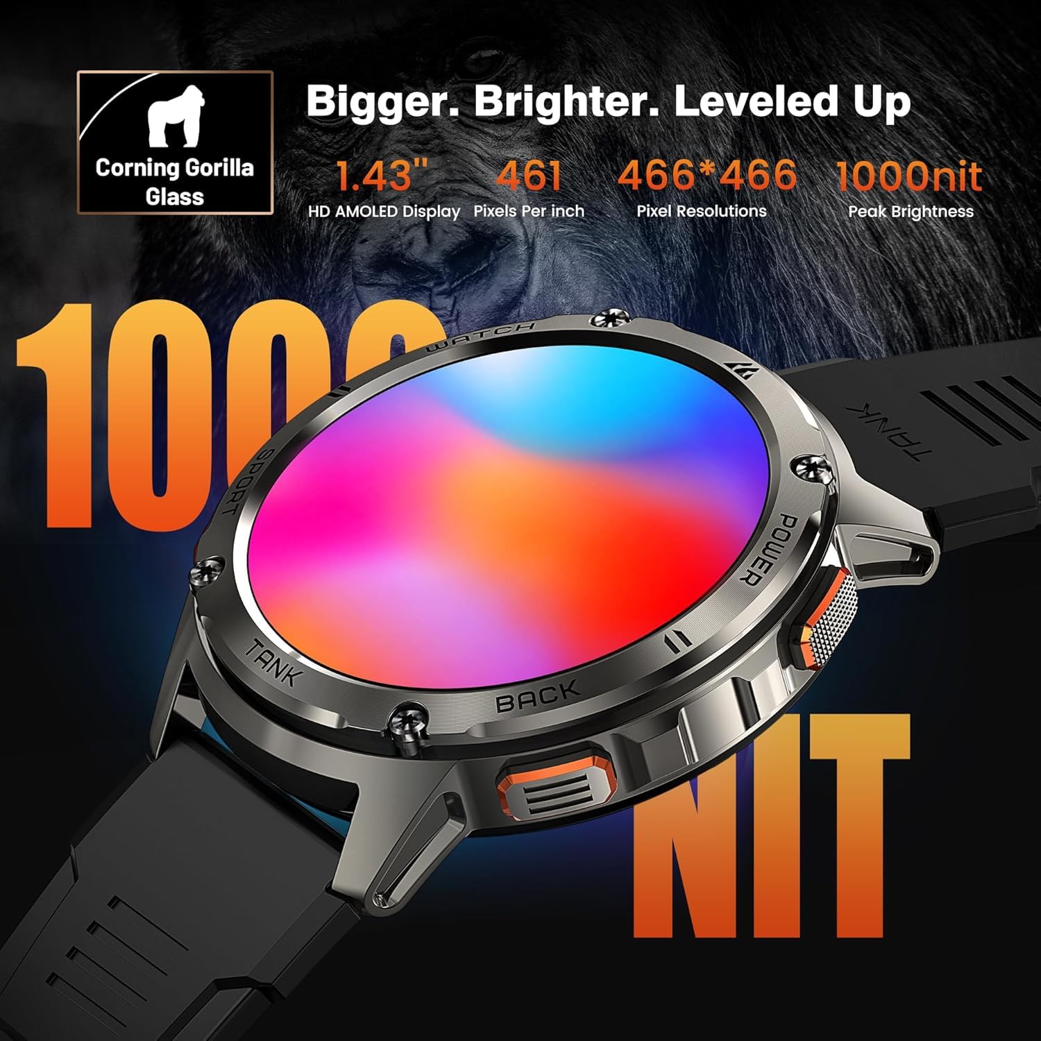 KOSPET TANK T3 Smartwatch Herren, 60 Tage Akkulauf, 50m wasserdicht, militärgetestet, Vollmetallgehäuse, 1,43" AMOLED