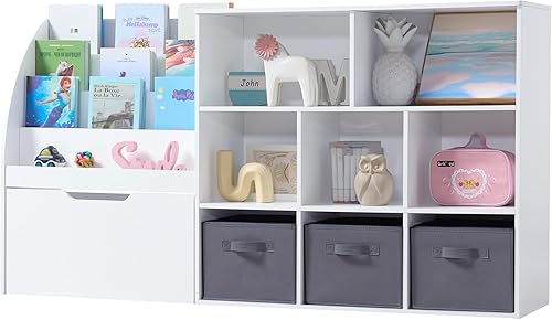 Miniatura 8 de Estantería y almacenamiento de juguetes para niños, organizador de almacenamiento de juguetes de 58.5 pulgadas con cofres móviles y 3 contenedores