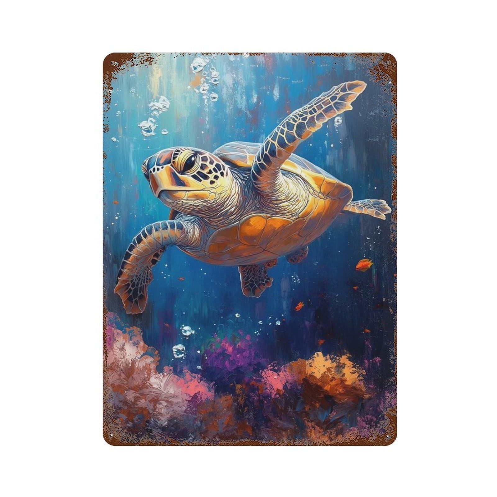 Sea Turtle Underwater Painting Decorative Tin Sign 15.7"x11.8", for Bistro, Counter And Cafe Decor, Retro Wall Decor