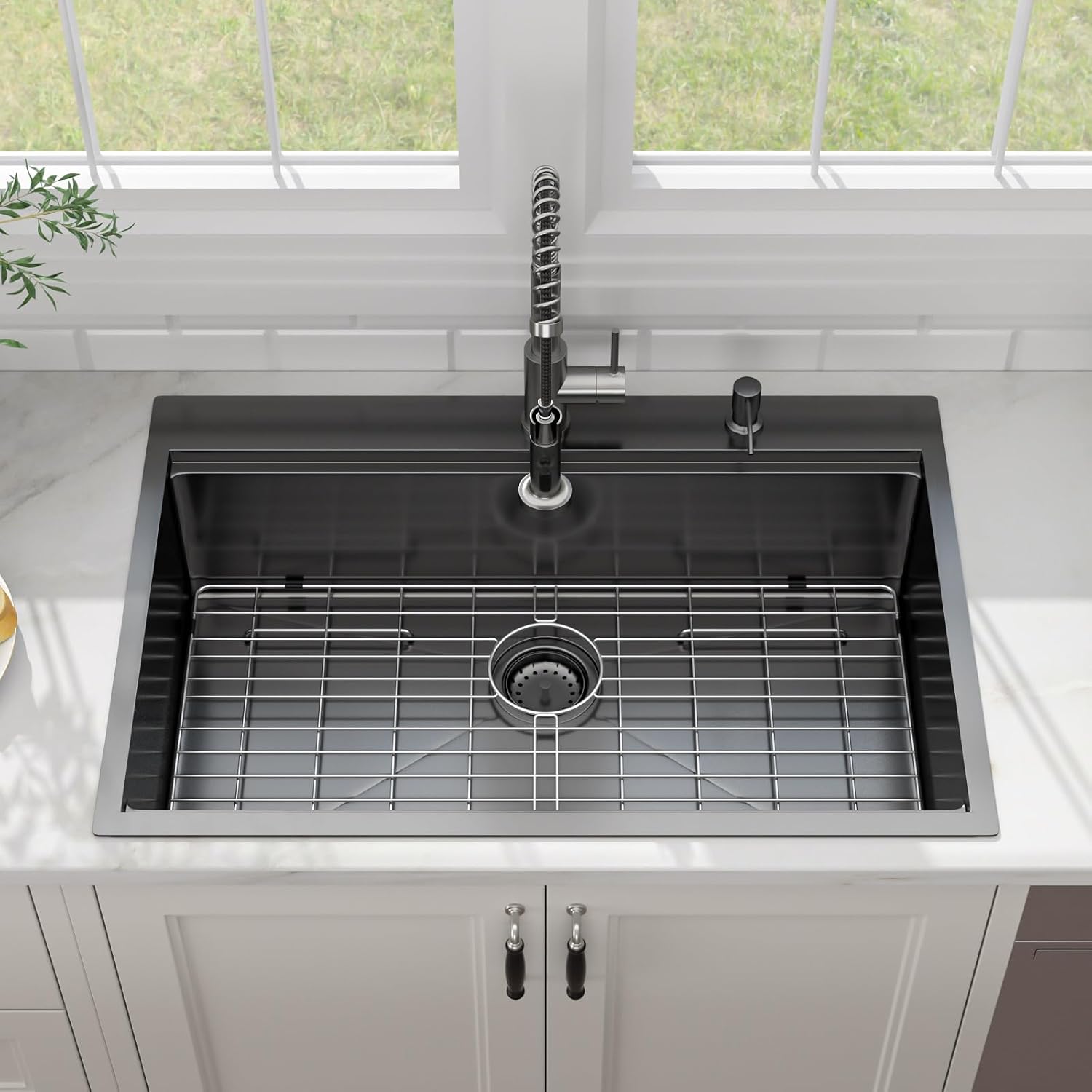 33x22 Inch All-In One Black Kitchen Sink with Pull-Out Faucet Workstation Drop In Large Single Bowl 304 Stainless Steel #LOF0017S,33"x22"x9"