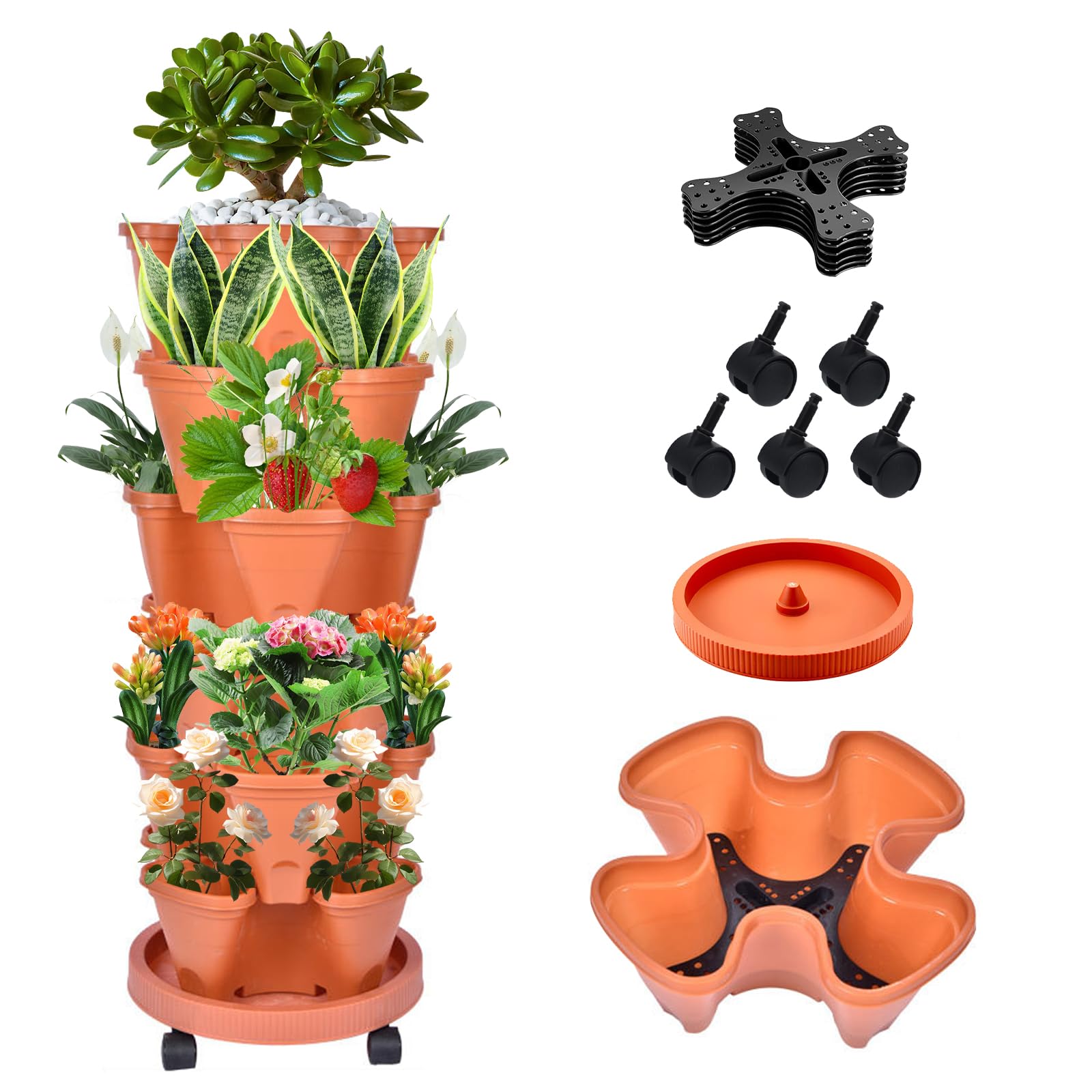 JulymodaJulymoda Stackable Plant Pot, Strawberry Tower, 6 x Flower Pot, Column Pot, Plant Tower, Four Leaf Flower Pot with Large Capacity for Flowers, Vegetables, Strawberries, Herbs