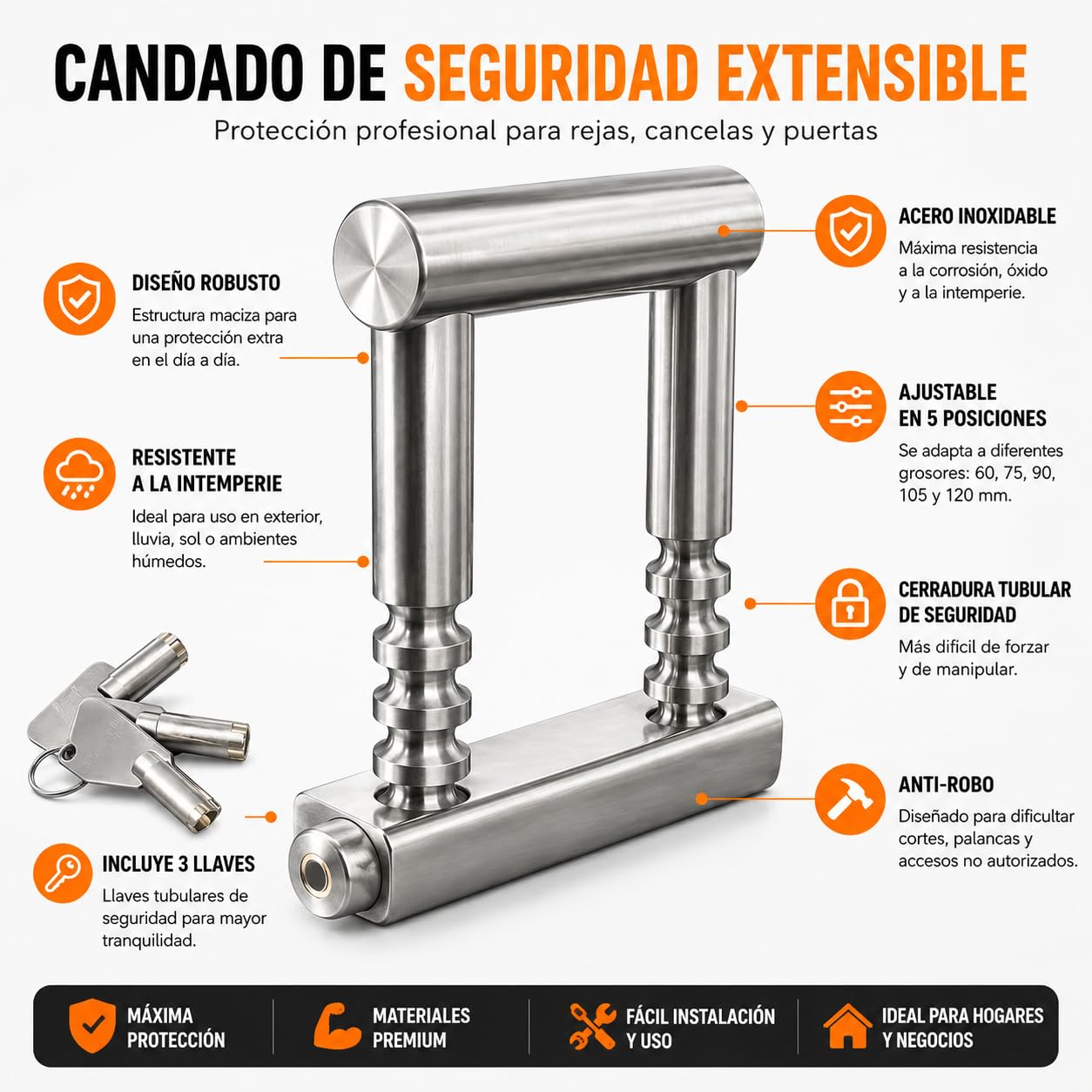 FERPASA® - Candado de Seguridad Extensible - Antirrobo para Verjas, Rejas, Cierres de Tijera, Cierres Extensibles, Cancelas, Puertas de Ballesta - Candado Grande Exterior de 5 posiciones (60-120 mm).