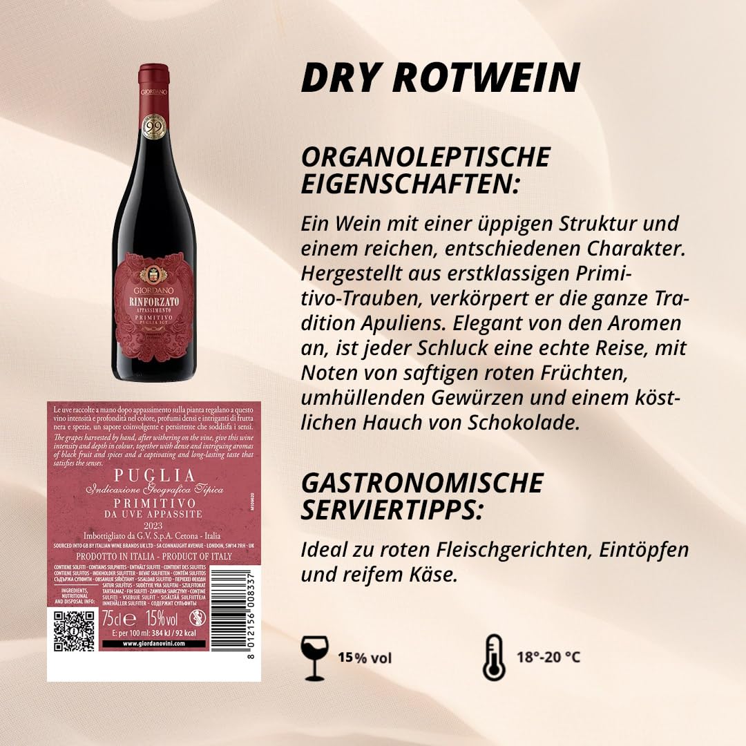 Giordano - BOX RINFORZATO APPASSIMENTO PRIMITIVO PUGLIA IGT - 6 Flaschen trockener Rotwein 2024, reich und vollmundig, Noten von reifen Früchten, Gewürzen und Schokolade - Größe 75 cl