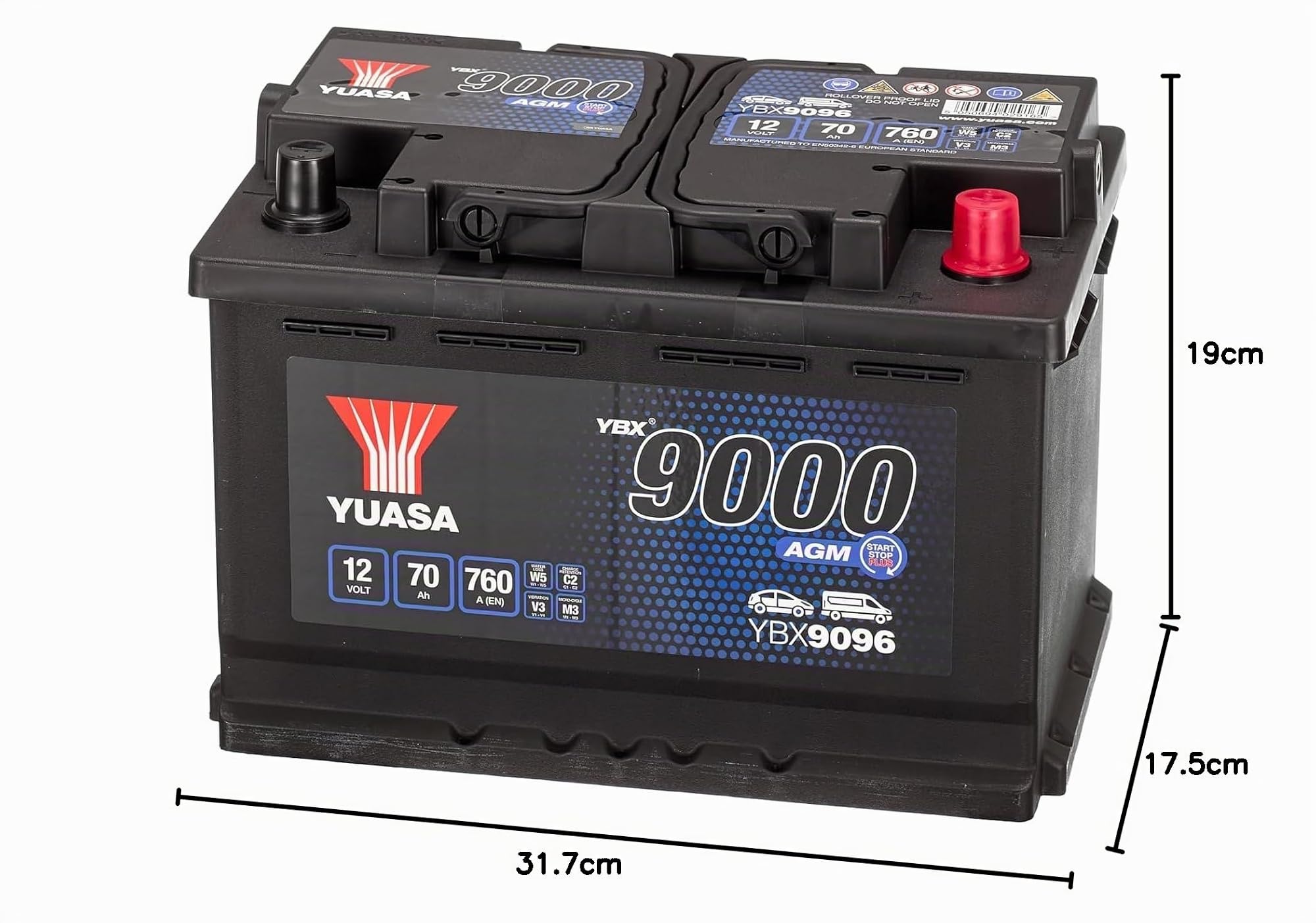 Yuasa YBX9096 12V 70 Ah 760 CCA AGM Start-Stopp-Plus-Autobatterie | 760 CCA, Vibrations- & Stoßfest, Optimiert für Start-Stopp, Kompatibel mit vielen Fahrzeugmarken