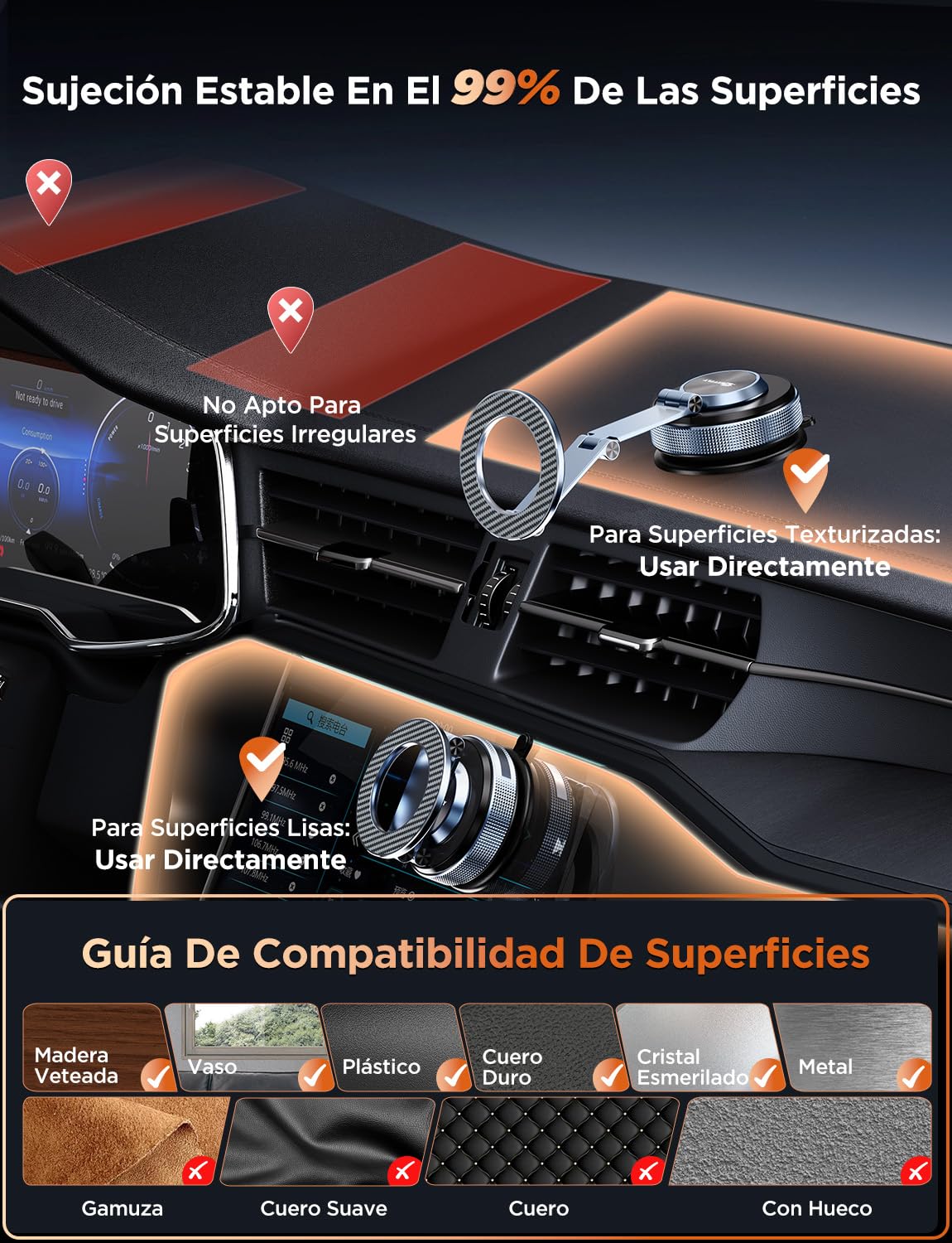 MSXTTLY Soporte Móvil Coche – Vmag S3 2026 Soporte Magnético al Vacío con Imanes Potentes y Brazo Doble de Aleación, Compatible con iPhone 17 Pro MAX, iPhone 16–12 y Android (con Anillo Magnético)