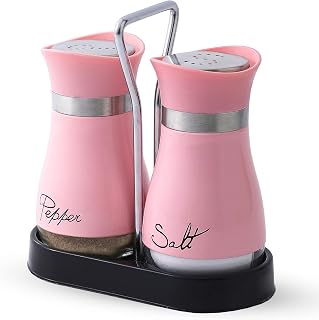 Salt and Pepper Shakers Set | Stainless Steel with Glass Bottle for Table, RV, Camp, BBQ, Set of 2, Pink