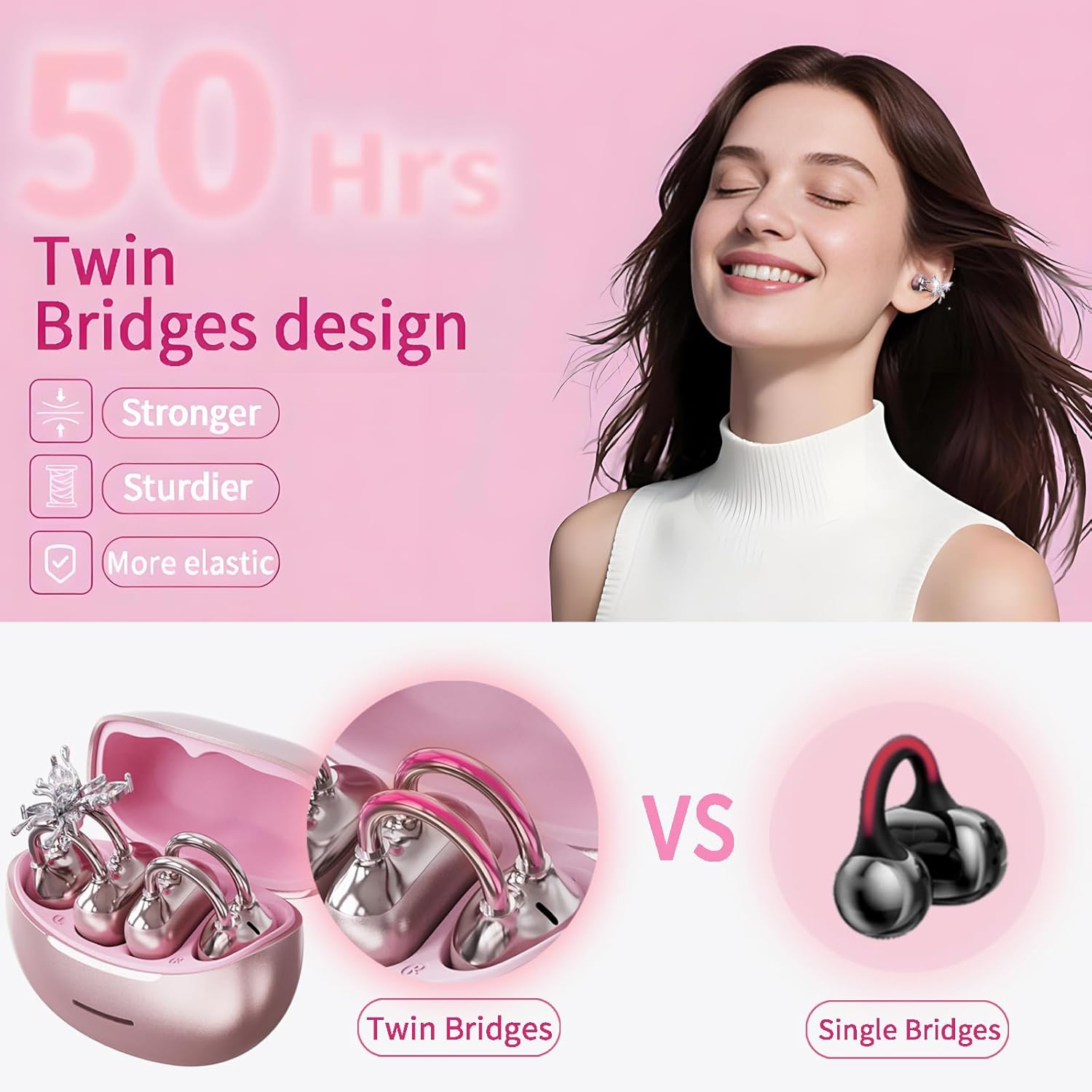 Clip On Earbuds for Women Small Ears, Open Ear Wireless Headphones with Crystal Earrings, Secure Fit Comfortable Painless Ear Clip Earbuds, 50H Playtime ENC Clear Call IP56 Waterproof (Pink)