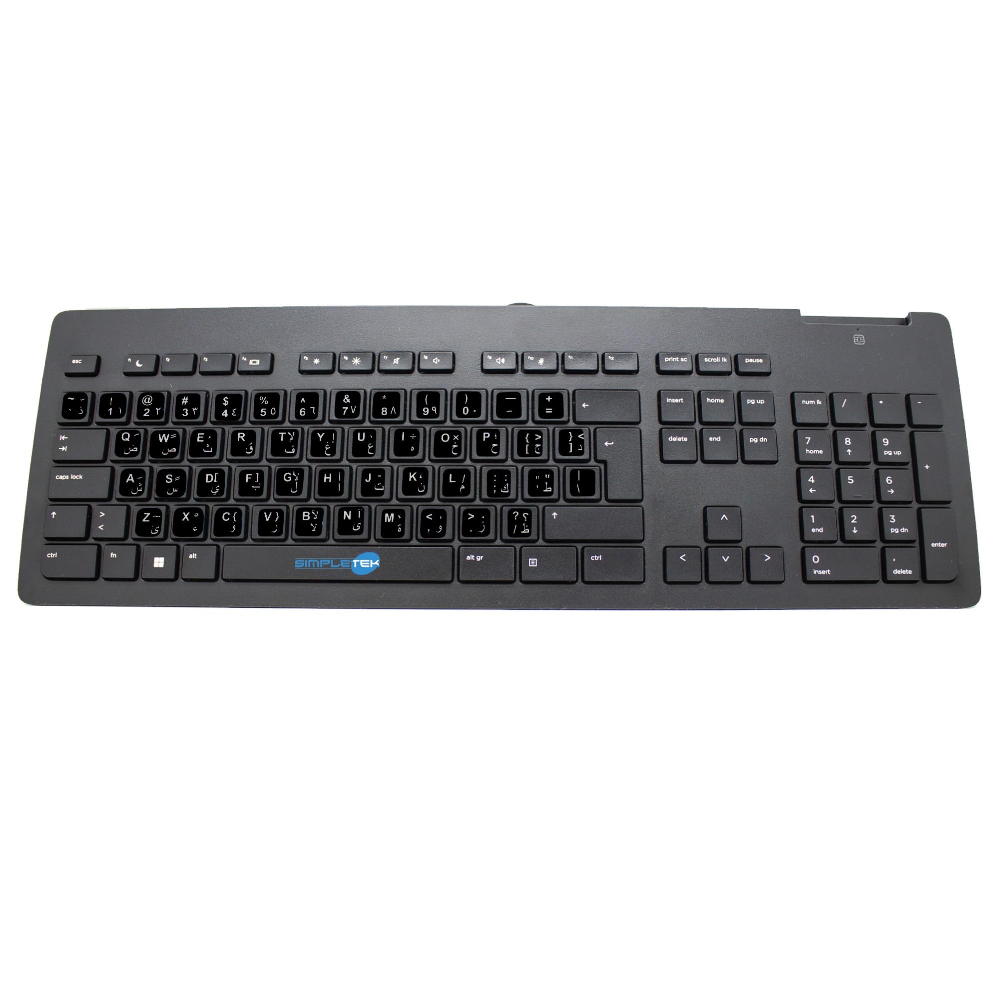 SIMPLETEK - Teclado Slim USB Lector SmartCard Layout QWERTY árabe | Modelo con cable ultrafino con lector de tarjetas integrado, escritura silenciosa y cómoda para oficinas y negocios.