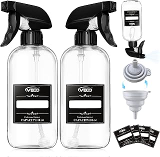Veco 10oz 360° Spray Bottles 2-Pack: Leak-Proof, Adjustable Nozzle, Upside-Down Spray for Cleaning, Plants, Hair, Pets + Foldable Funnel