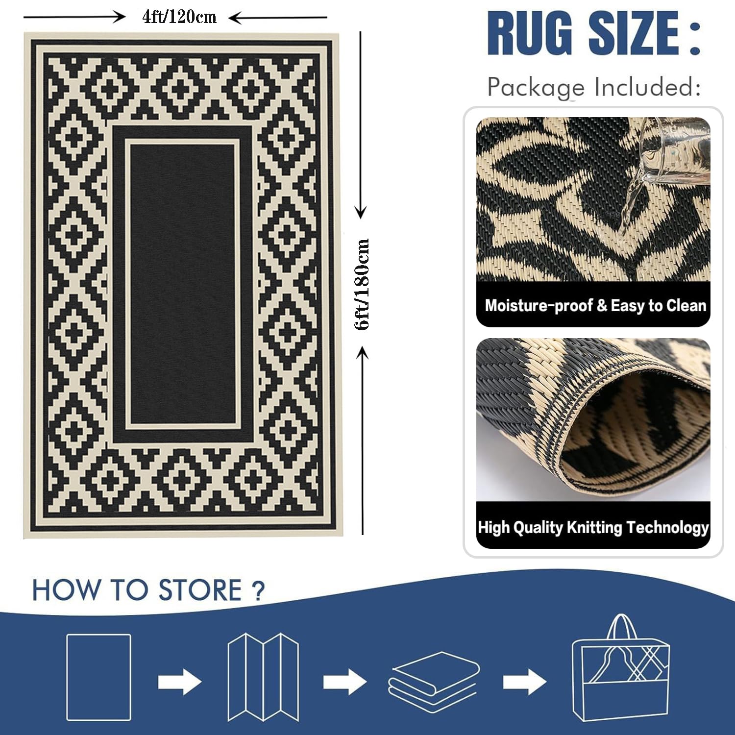 Tapis Exterieur en Plastique 120x180,Tapis de Sol Camping Car Exterieur Pliable,Imperméable,Résistant Aux UV,Réversible,Tapis Beige et Noir pour Terrasse Balcon Piscine Plage Pique-Nique Jardin