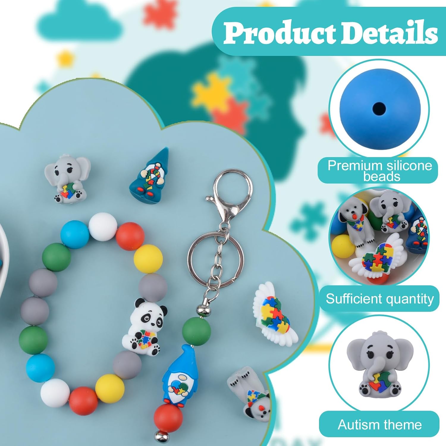 36 PCS Autism Silicone Beads,Autism Awareness Waterproof Focal Beads for Bracelet Crafts for Jewelry Necklace Earring Making DIY Accessories image 3