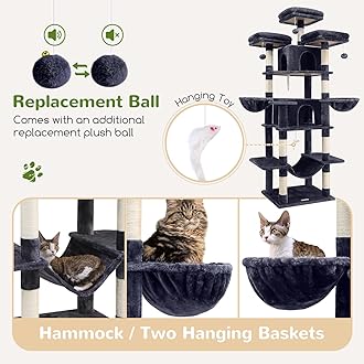 Globlazer Big Cat Tower for Indoor Cats, 80inch Cat Tower for Multiple Adult Cats XXL Cat Tree with Scratching Post, Hammock, 3 Perches, 2 Condos, 2 Hanging Basket, F80, Dark Grey