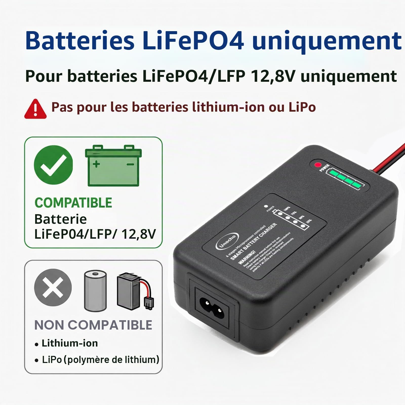 Chargeur de Batterie LiFePO4 14,6 Volt 4 étapes Chargeur de Batterie Lithium 12,8 Volt 4 étapes pour Voitures, Motos, tondeuses à Gazon, camions, Bateaux et voiturettes de Golf(Prise EU)