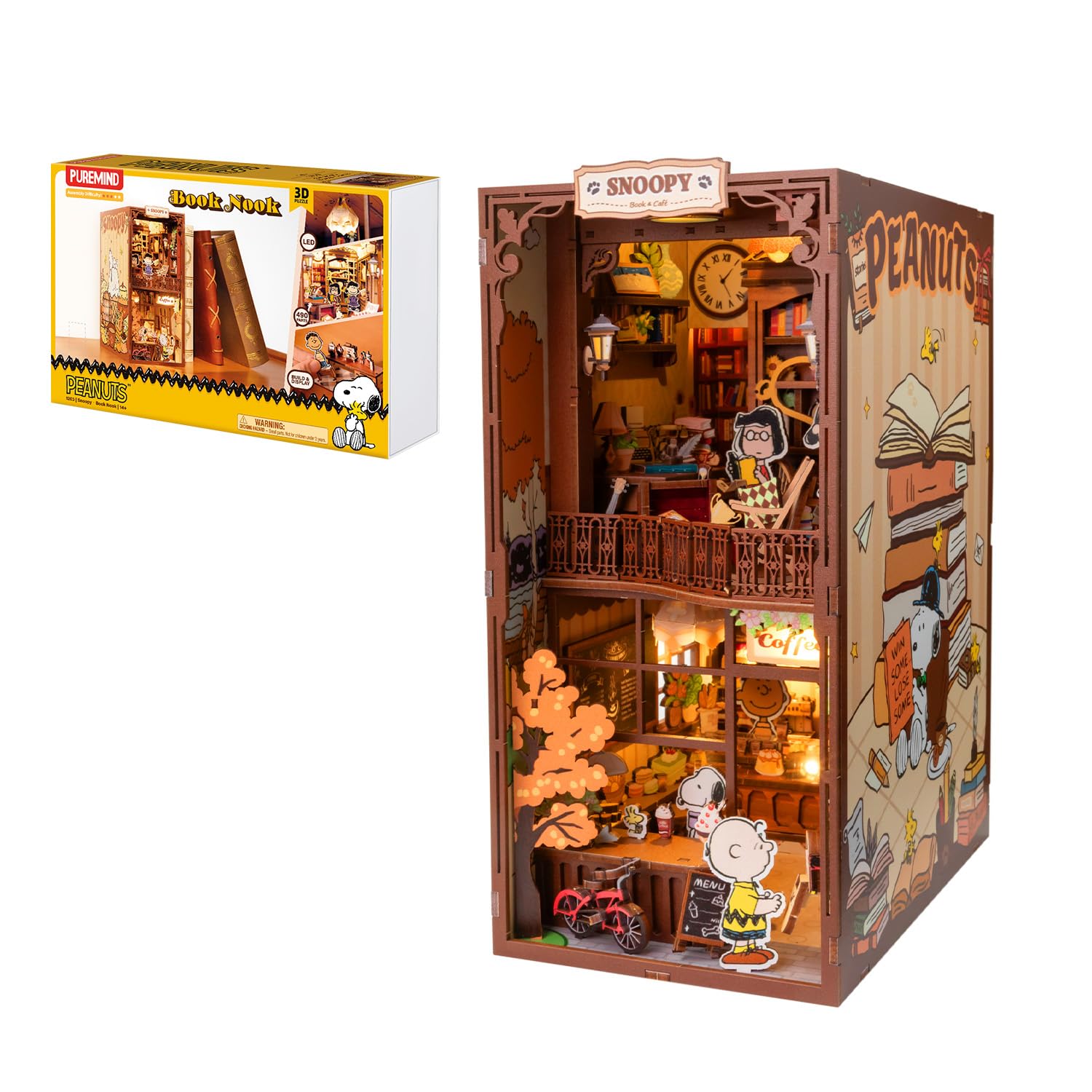 puremind Snoopy Book Nook Kit - Officially Licensed Peanuts 3D Wooden Puzzle Book Cafe, DIY Miniature Bookshelf Insert with Warm Light, Collectable Display Gift