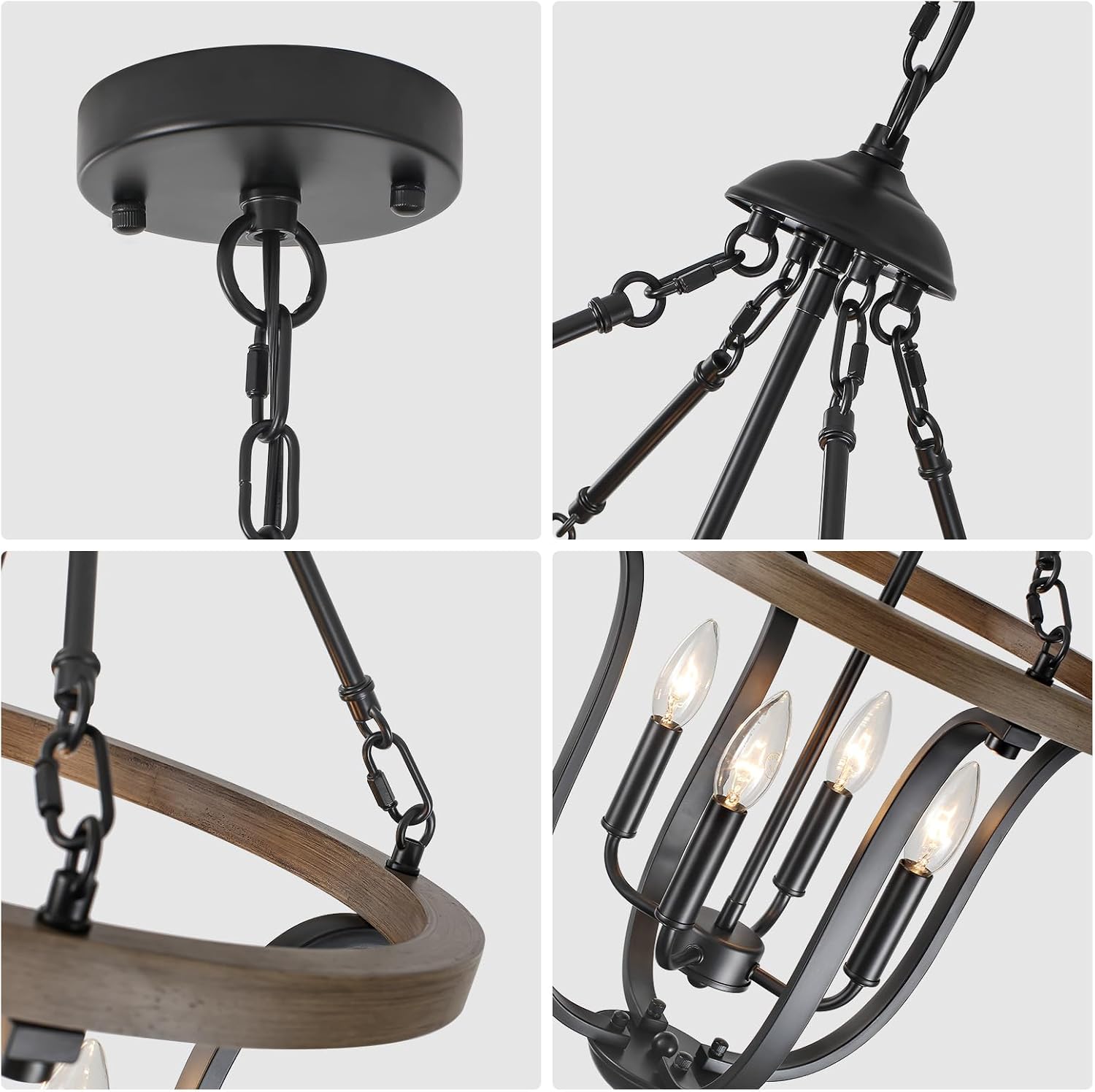 Black Farmhouse Chandelier for Dining Room, 4-Light Rustic Wood Chandelier with Industrial Cage, Pendant Light Fixture for Kitchen Island, Living Room, Entryway, Foyer, Bedroom, Hallway