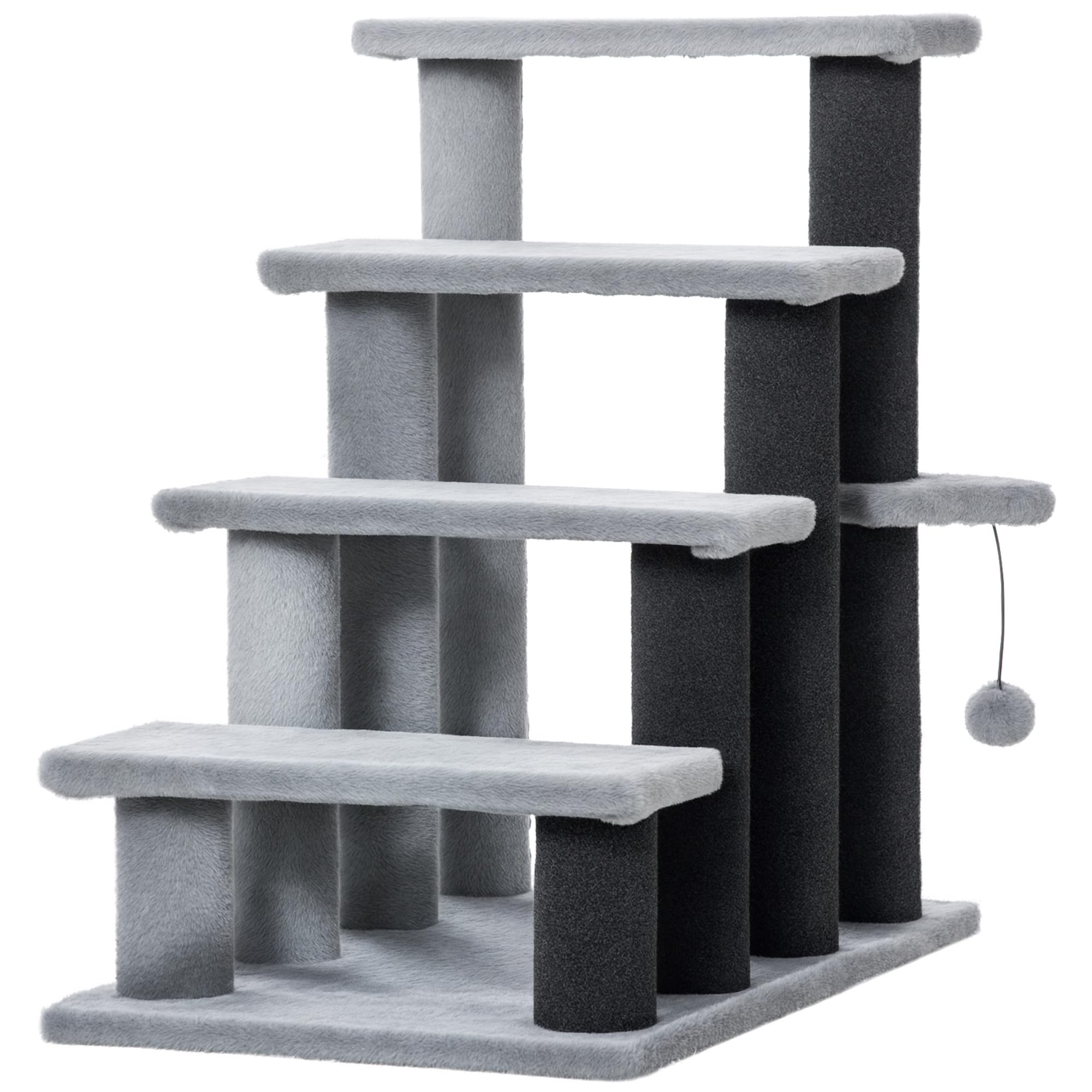 PawHut Cat Stairs, 2 in 1 Cat Tree Tower Pet Steps with Scratching Posts, Hanging Toy Ball, 4-Step Cat Climbing Tower for High Bed, Sofa, Indoor Use,
