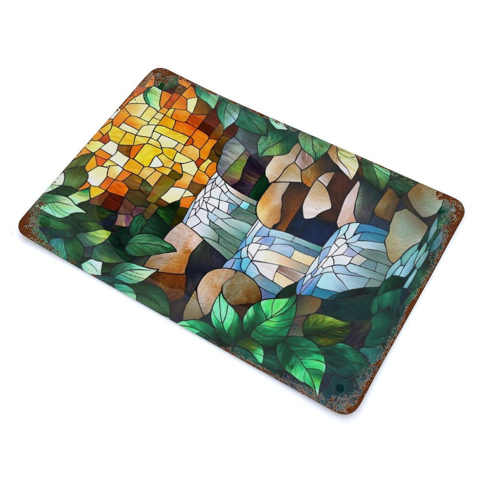 Rust Effect Stained Glass Waterfall Rusty Metal Tin Sign 11.8"x7.9", Old School Wall Decor for Basement, Hobby Room And Garage Decor