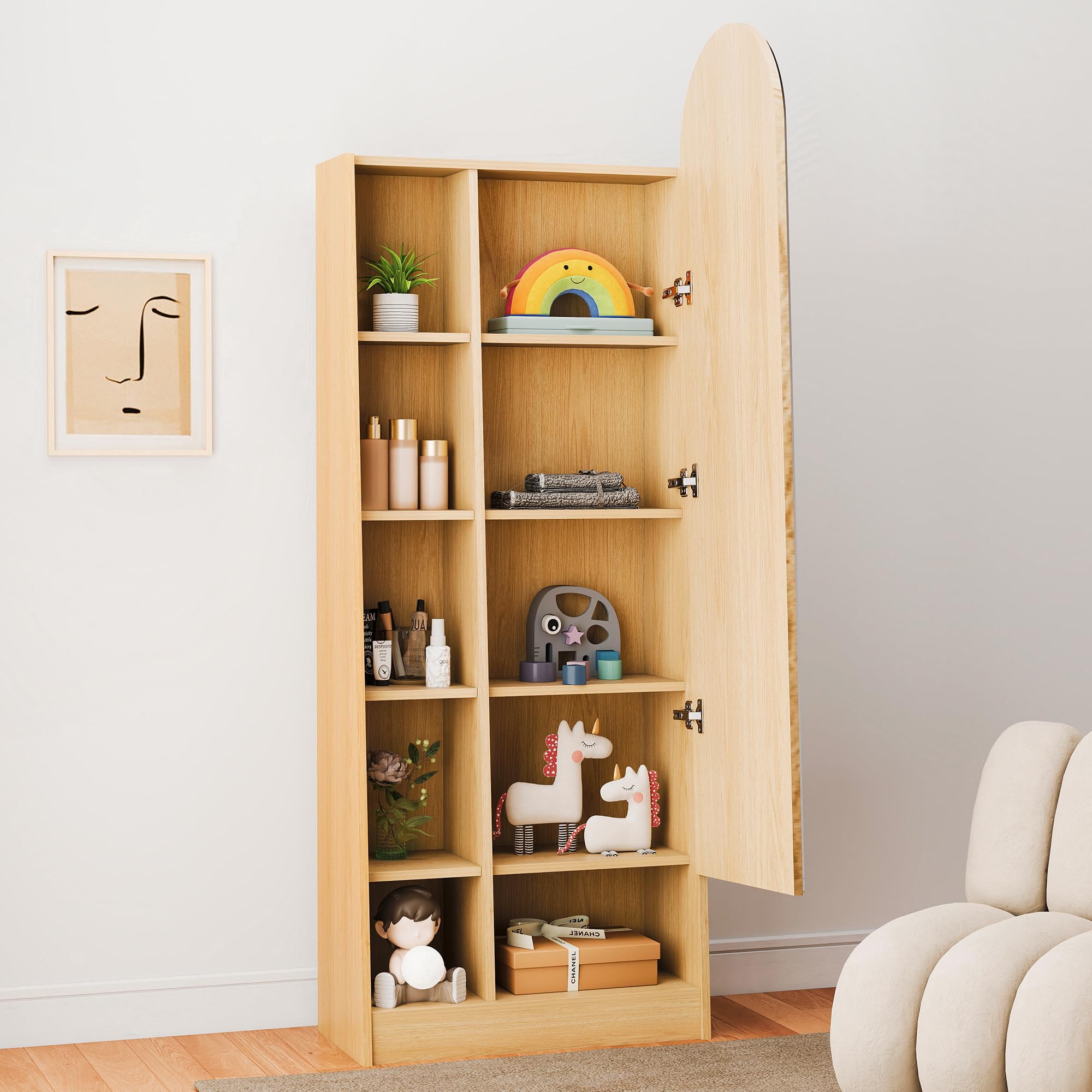 Zapatero con puerta de espejo, 60 x 28 x 165 cm, armario alto con aspecto de madera natural con espejo de cuerpo entero, armario con estantes ajustables y compartimentos abiertos, armario de pasillo y