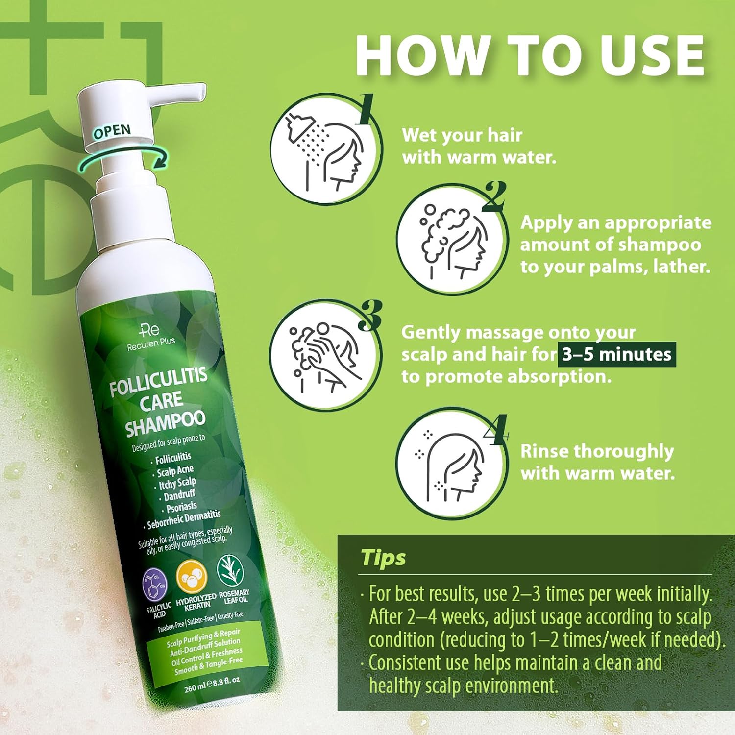 Recuren Plus Folliculitis Treatment Anti-Fungal Scalp Shampoo: Antifungal Scalp Cleanser for Seborrheic Dermatitis, Psoriasis, Acne, Dry & Itchy Scalp Relief — Sulfate-Free