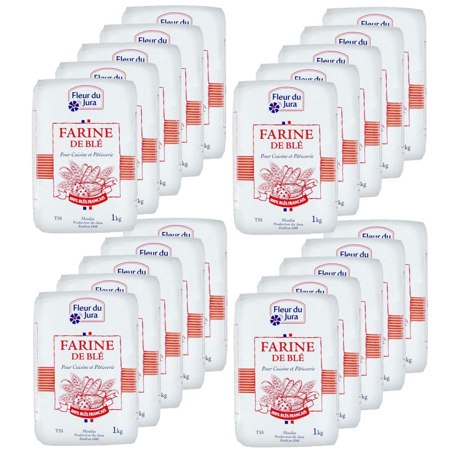 Lot de 20 Farines de Blé T55 1kg – 100% Blé Français – Fleur du Jura – Format 20kg Ultra Économique – Farine Cuisine & Pâtisserie