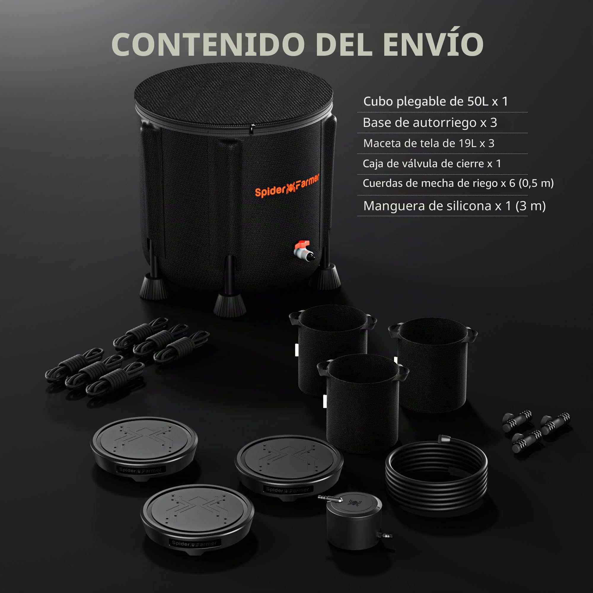 Spider Farmer Juego de 3 sistemas de riego automático, sin electricidad, con depósito de agua de 50 l, base de maceta de tela con riego por mecha para tienda de cultivo en interiores
