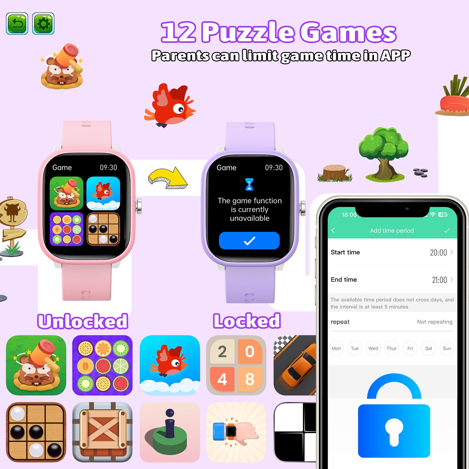 Fikami Reloj Inteligente para niños niñas No App No se Necesita teléfono, 1.83 "IP68 Impermeable Reloj Deportivo, frecuencia cardíaca, Juegos de Rompecabezas para niñas niños Adolescentes 6-16