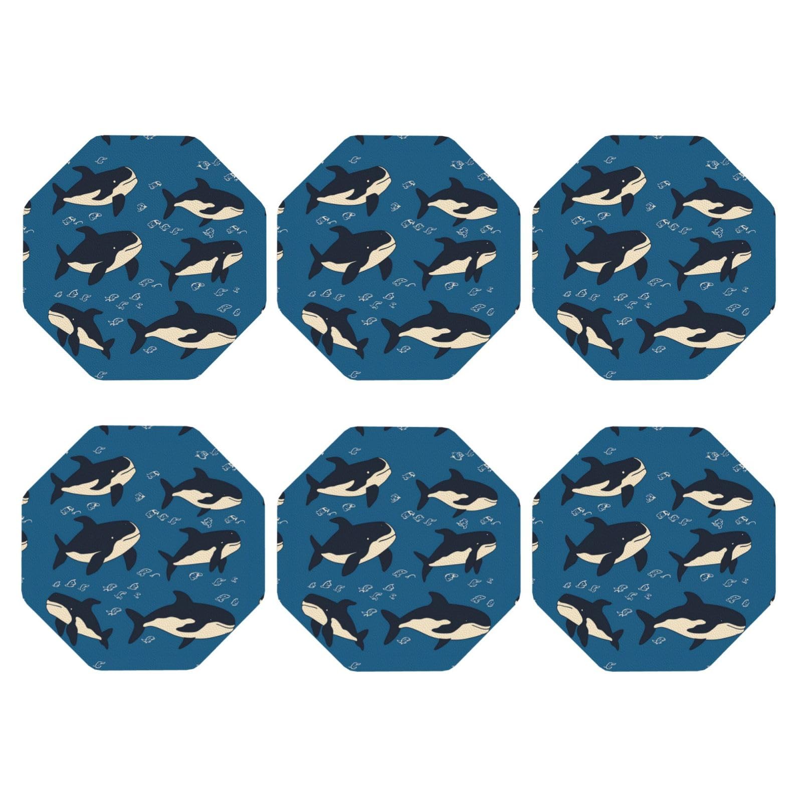 6pcs Leather Coasters for Drinks, Whale Drink Coasters for Tabletop Protection, 4" Cup Coasters for Coffee Table Decor, Non-Slip Drinking Cup Mat for Hot Or Cold Drink