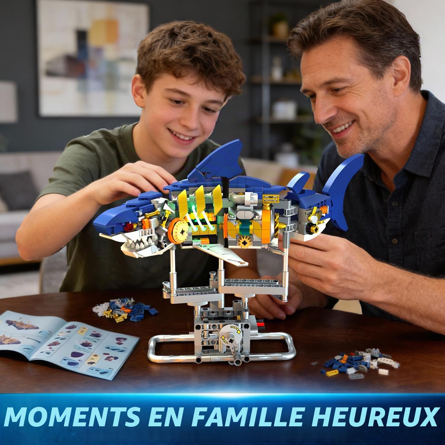 INSOON Ensemble de Construction mécanique en Forme de Requin avec lumière, 687 pièces d'animaux de l'océan Mobiles avec Support de présentation, Jouet de décoration d'intérieur pour Adultes