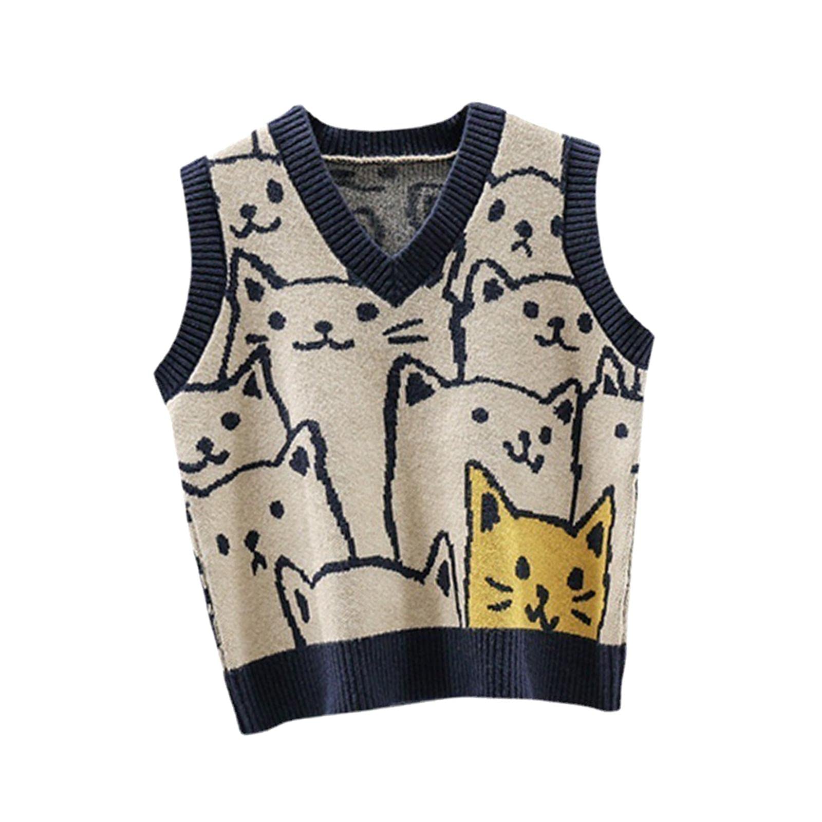 VISTORA V Neck Knitted Sweater Vest Waistcoat Cute Cartoon Animal Patterns|Womens Clothing|Sweaters