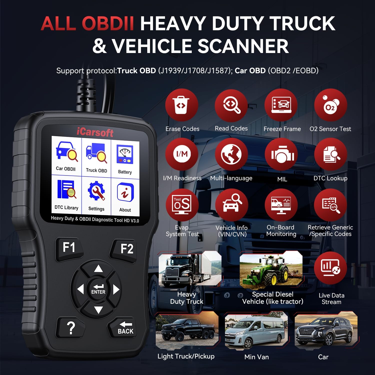 iCarsoft Heavy Duty Truck Scanner HD V3.0 All System Diesel Diagnostic Scan Tool Battery Test Code Reader for Freightliner, Paccar, International, Mack, Volvo, Hino, Isuzu, Cummins Heavy Duty Trucks
