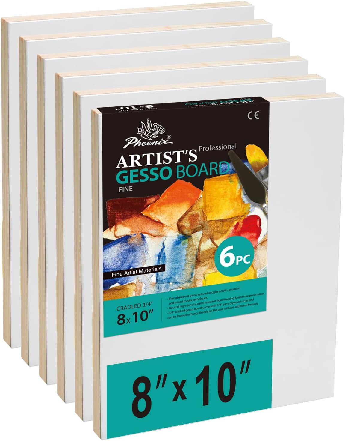 PHOENIX Gesso Boards for Painting - 8x10 Inch / 6 Pack - Smooth Surface 3/4 Inch Cradled Wood Panels for Oil & Acrylic Paints, Crafts & Pouring Art