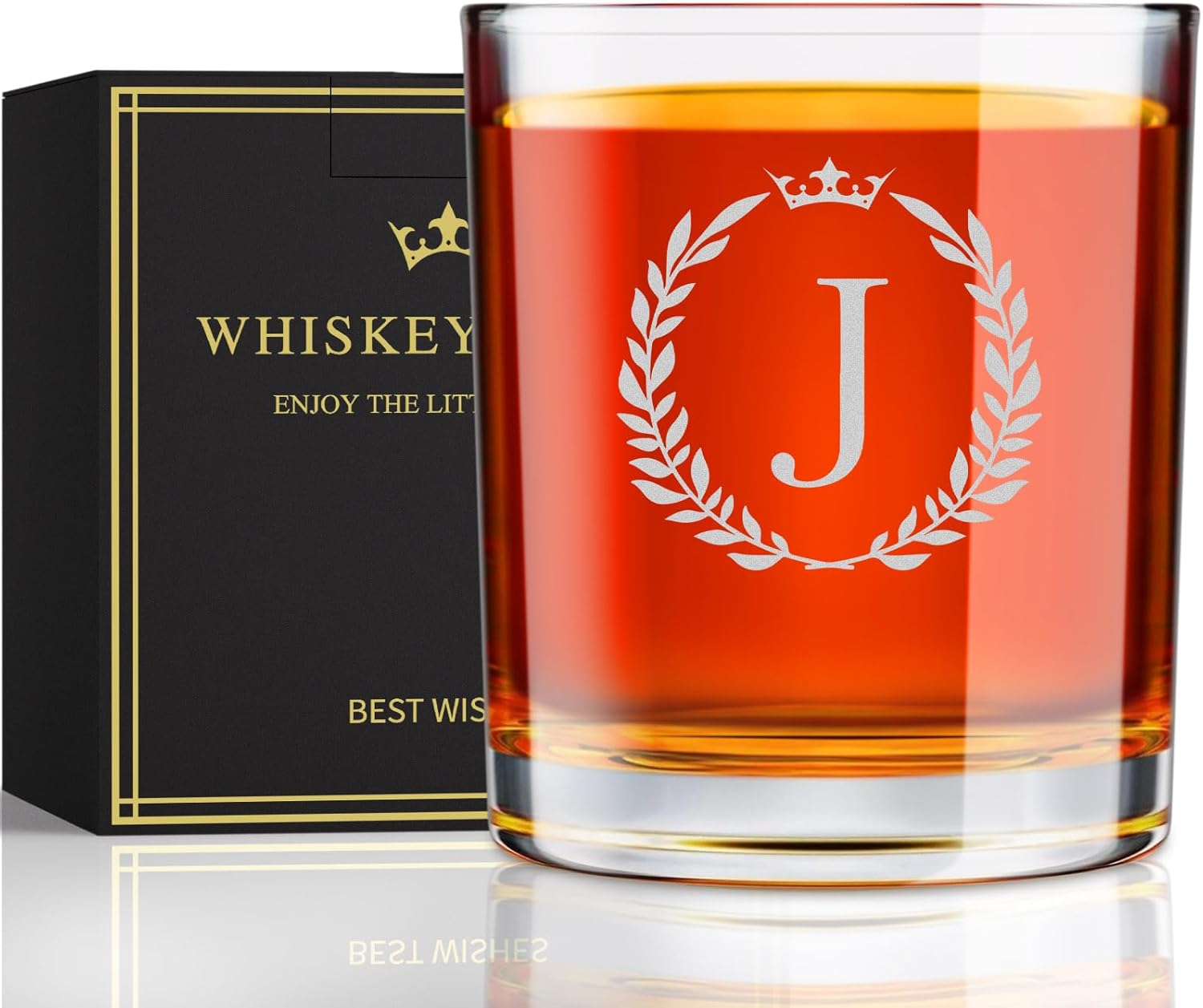 Mens Valentines Day Gifts for Him, Personalized Engraved A-Z 10.6 oz Rocks Whiskey Glass for Men, Unique Fathers Day Birthday Gifts for Men Him Dad Husband Brother Son (J)