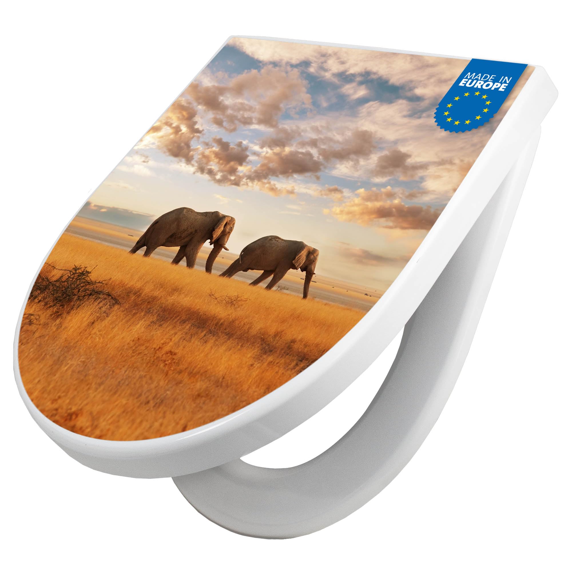banjado WC Sitz mit Absenkautomatik D Form - Toilettendeckel mit Absenkautomatik D Form - Klodeckel Softclose - stabile Klobrille - Toilettensitz Weiß - Motiv Elefanten
