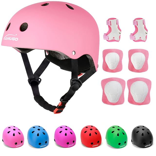 KAMUGO Kids Adjustable Helmet with Sports Protective Gear Set Knee Elbow Wrist Pads for Toddler Age 2-8 Boys