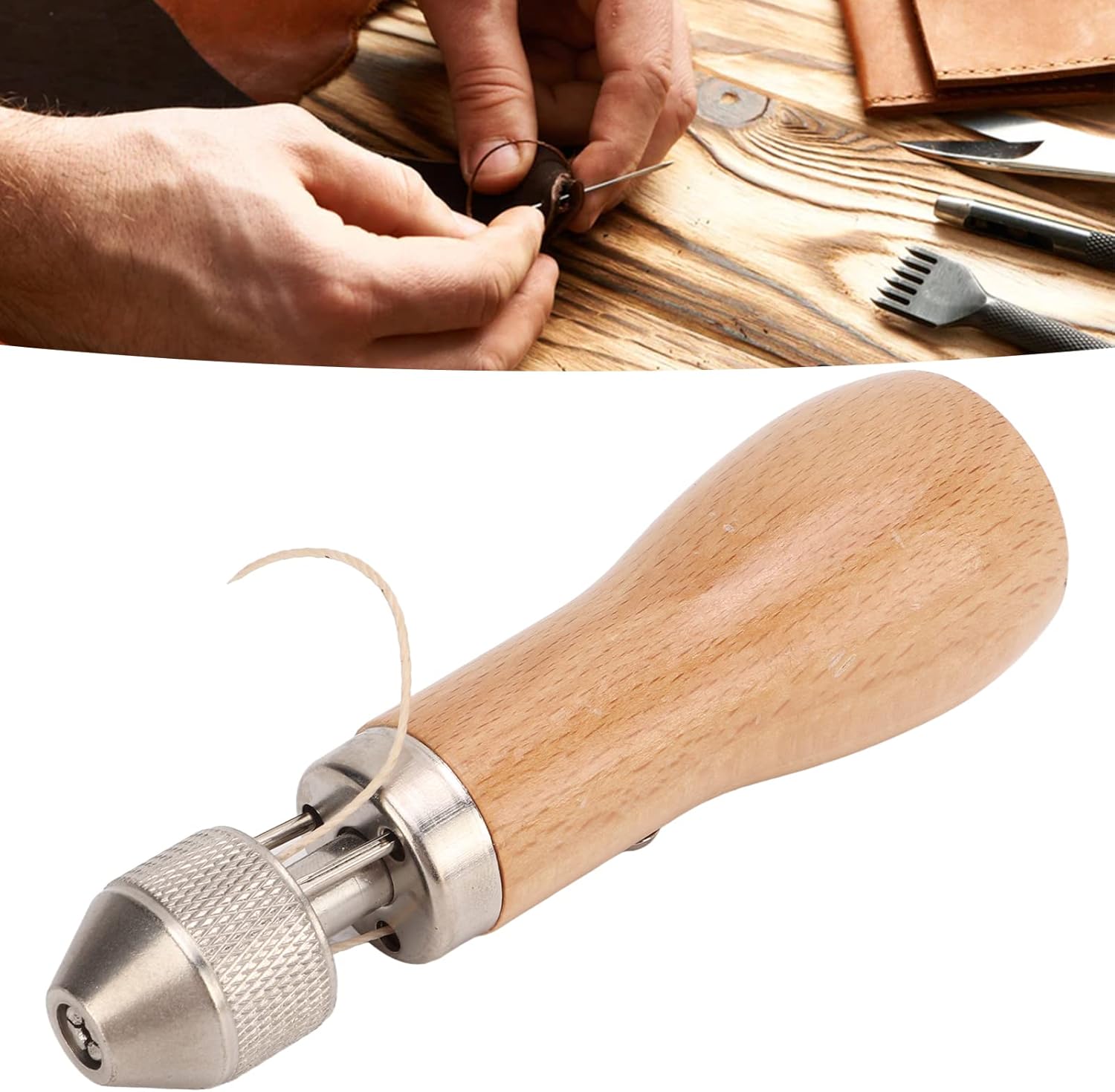 Steel Leather Sewing Awl with Nonslip Log Handle, Portable Hand Stitcher for Quick Repairs on Belts, Bags, DIY Crafts and Thick Fabric