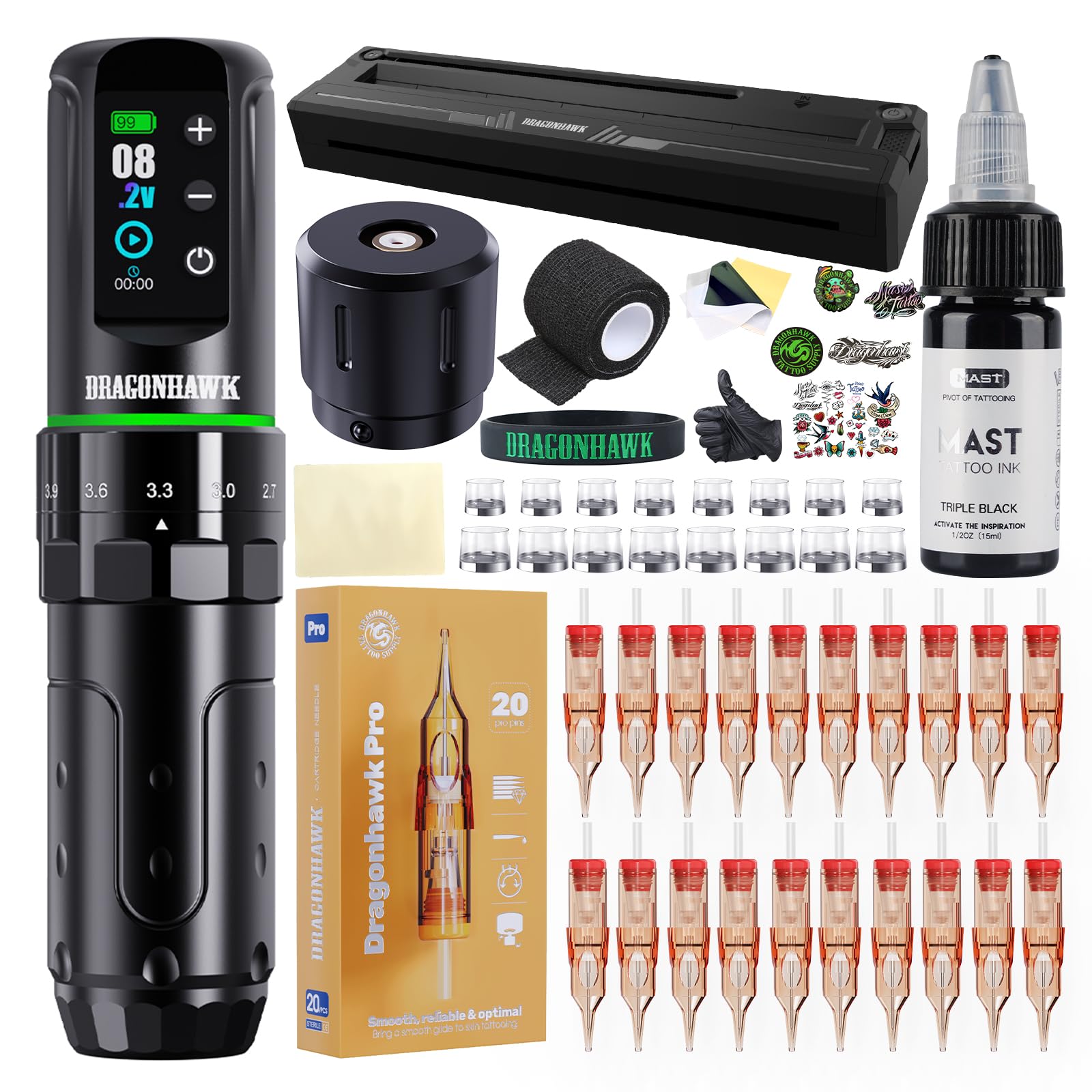 L3 Tattoo Machine Pen Kit, Coreless Tattoo Gun with 2.4-4.2mm Stroke Length and 2000mAh Battery, Stencil Printer, 20Pcs Cartridge Needles for Beginners and Professional Artists