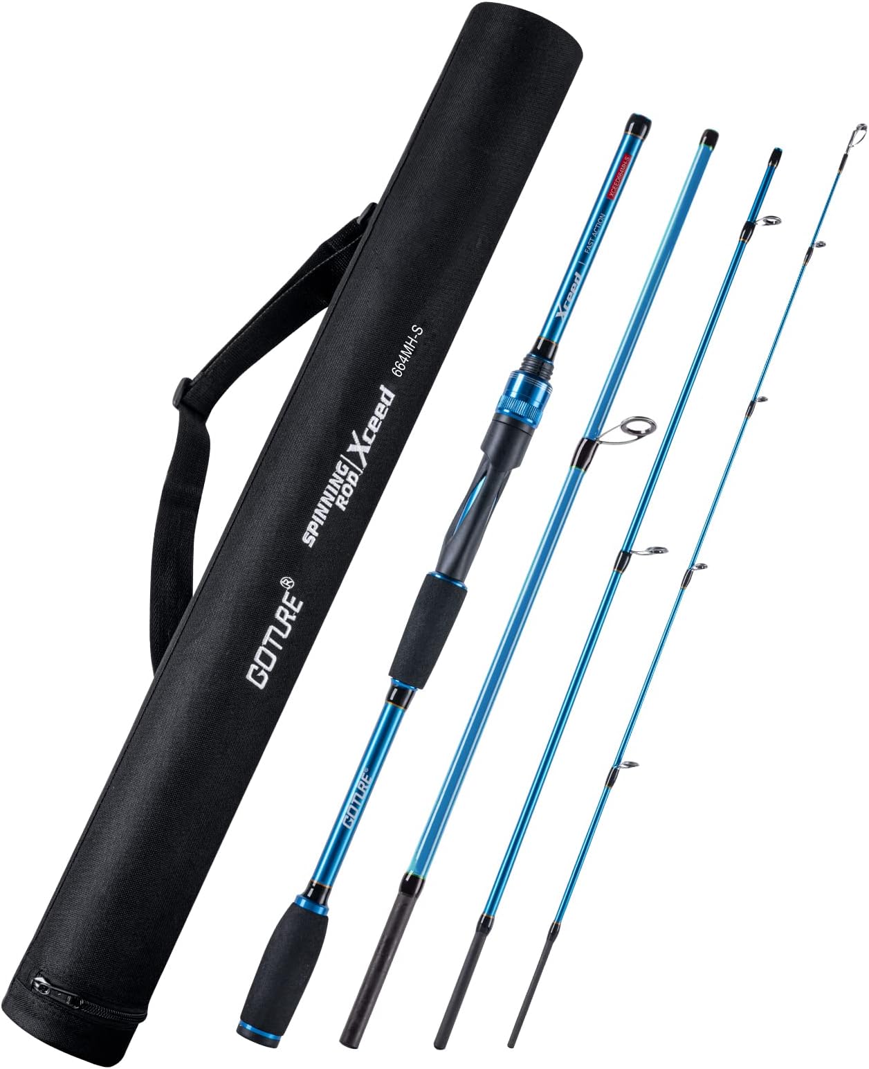 Goture 4 Piece Travel Spinning Fishing Rods Portable 4 Sections Lightweight Carbon Fiber Poles M Power MF Action 8ft Blue