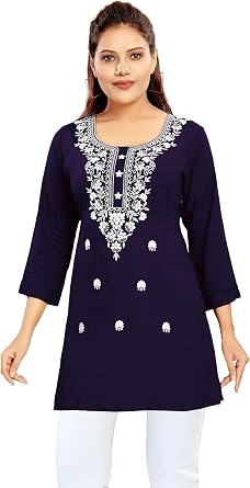 ladyline Womens Rayon Tunic Top Lucknowi Chikankari Embroidered | Hip Length Casual Ethnic Short Kurti - Chikan Embroidery