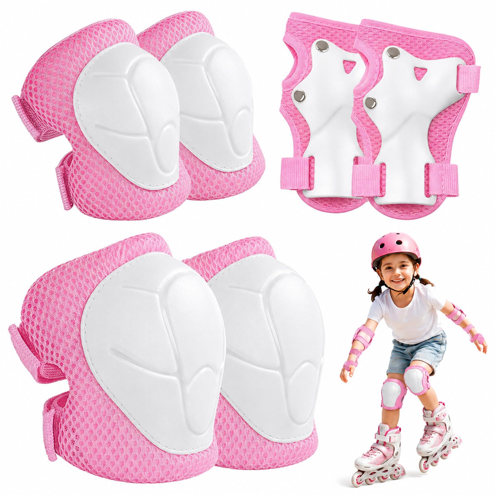 Kids Knee and Elbow Pads, 6Pcs Knee Pads Wrist Guards Elbow Pads for Children, Outdoor Sports Protective Gear Set for Scooter Skateboard Cycling, Breathable Lightweight, Pink