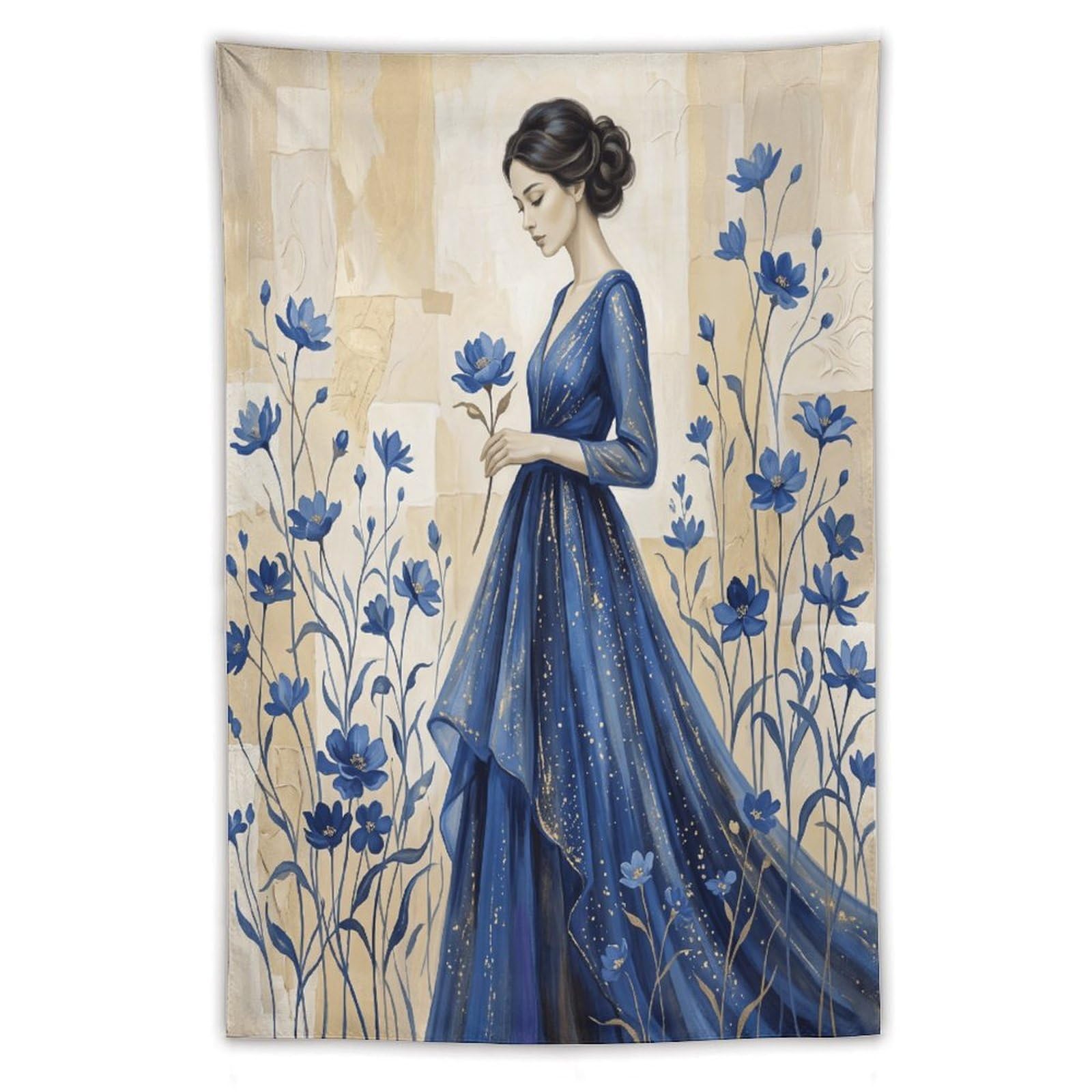 H3B8U2Y5 Blue Dress Woman Cornflower Wall Tapestry, Botanical Watercolor