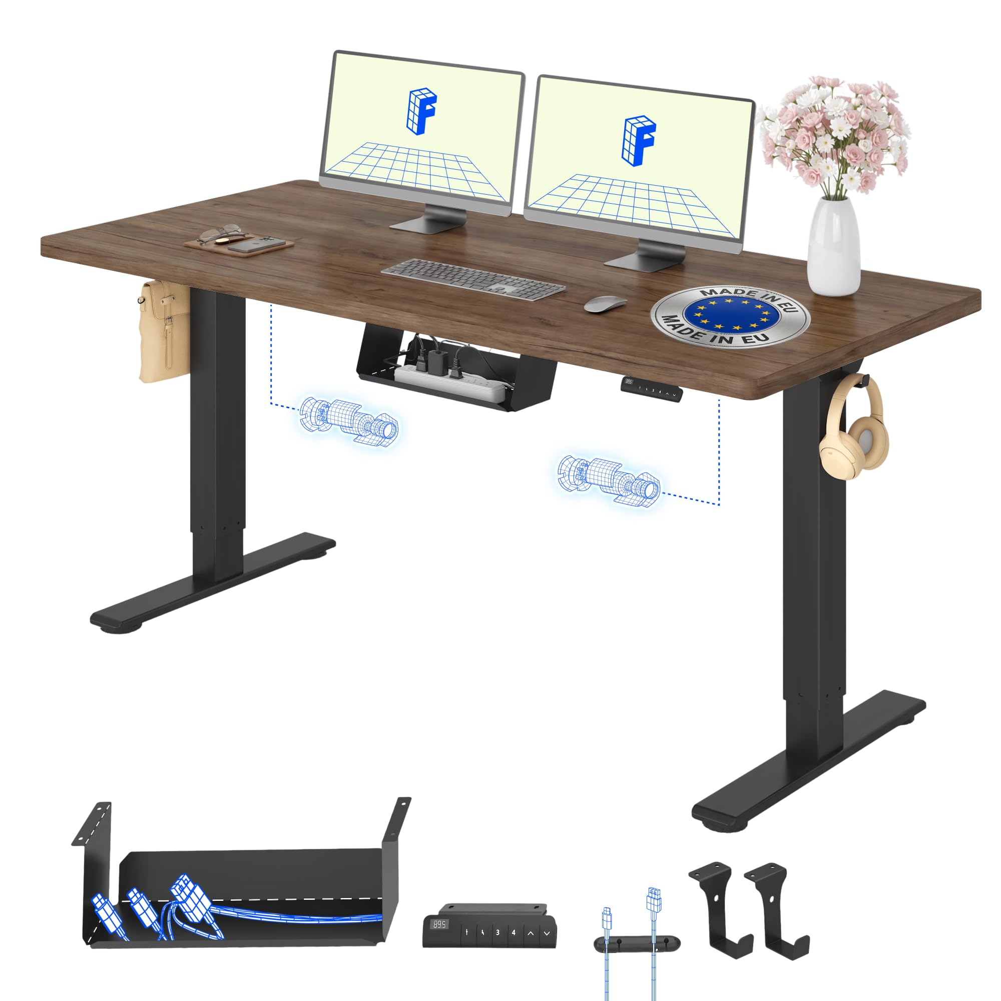 FLEXISPOT Bureau Assis Debout à Double Moteur & Une Pièce Épaisseur 25 mm Fabriqué dans l'UE, 160x80cm, Bureau Réglable en Hauteur avec Système Anti-Collision, Accessories Included
