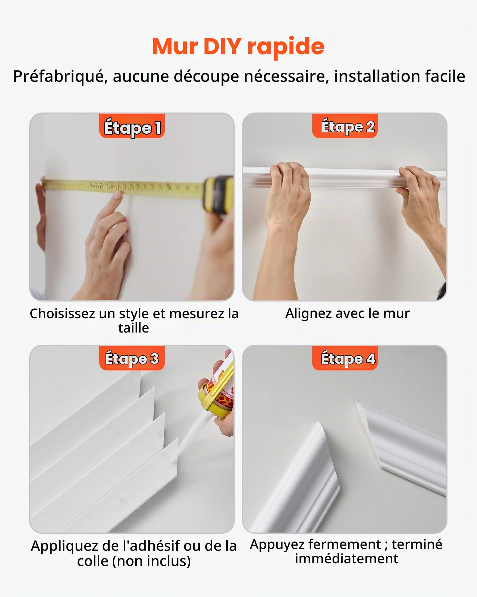 VEVOR Kit Moulure Murale Prédécoupée 3 Lots Cadres Double Ligne Large et Fin pour Décor Intérieure Mur d'Accent Salon Chambre Couloir, Prêt à Poser, Polystyrène Léger à Peindre, Imperméable, Blanc