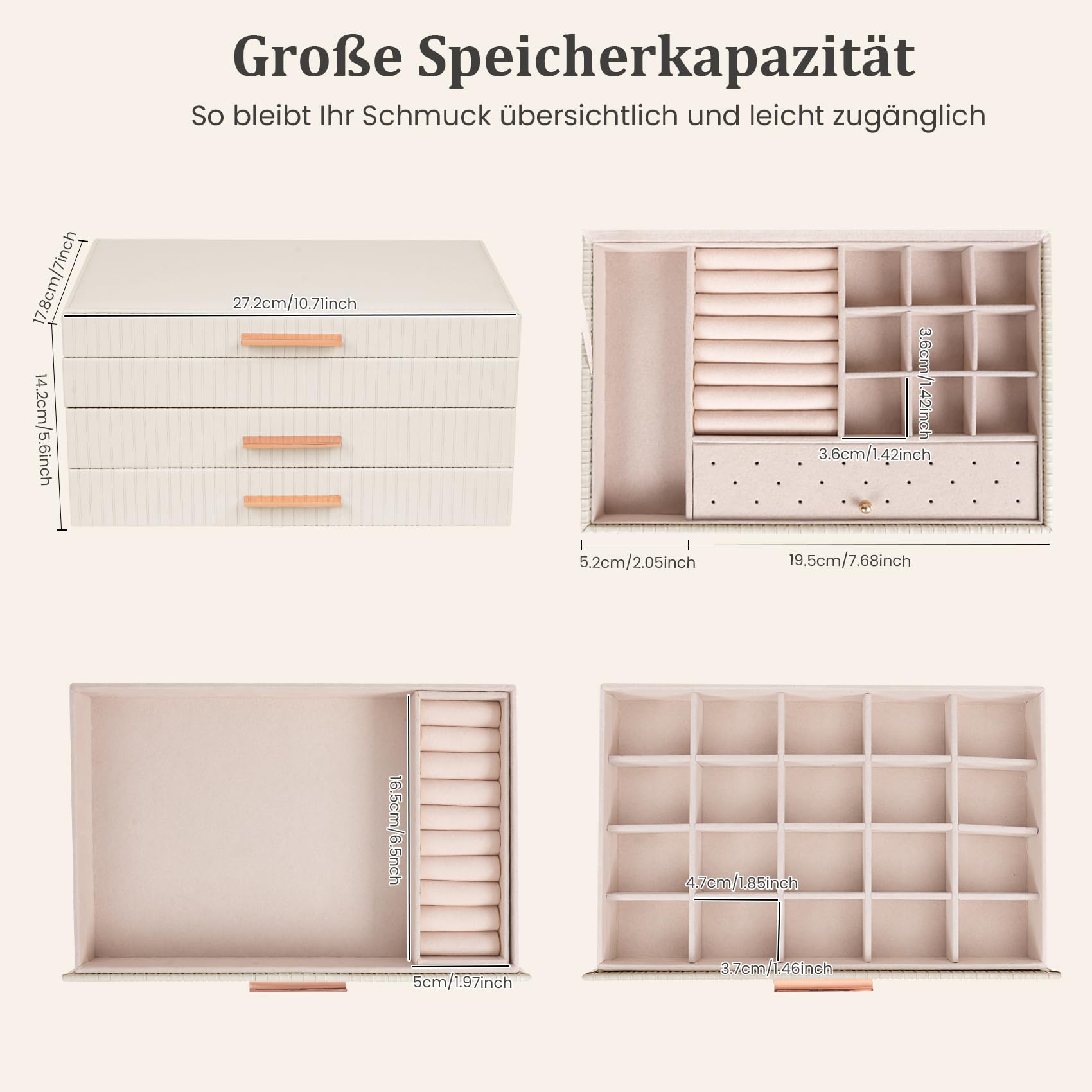 Dajasan Schmuckkästchen, Groß Schmuckaufbewahrung, 3 Ebenen Schmuckkasten mit 2 Schubladen, Schmuckschatulle für Schminktisch, PU-Leder Vertikale Textur, Modern, Geschenk für Damen Mädchen (Beige)
