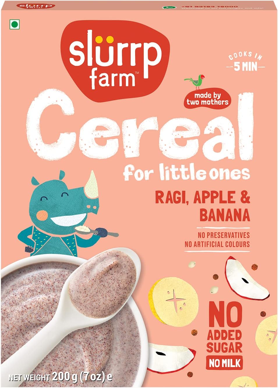 Slurrp Farm No Added Sugar Instant Ragi & Apple Cereal, Real Apple & Banana, Cereal with No Milk, No Preservatives, 200g