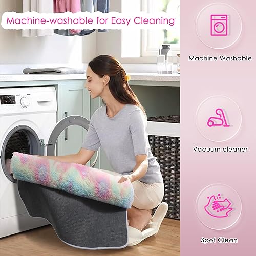 Miniatura 3 de Alfombra esponjosa arcoíris para dormitorio de niños y bebés, decoración de habitación de unicornio, alfombra de pelo largo para guardería, alfombra