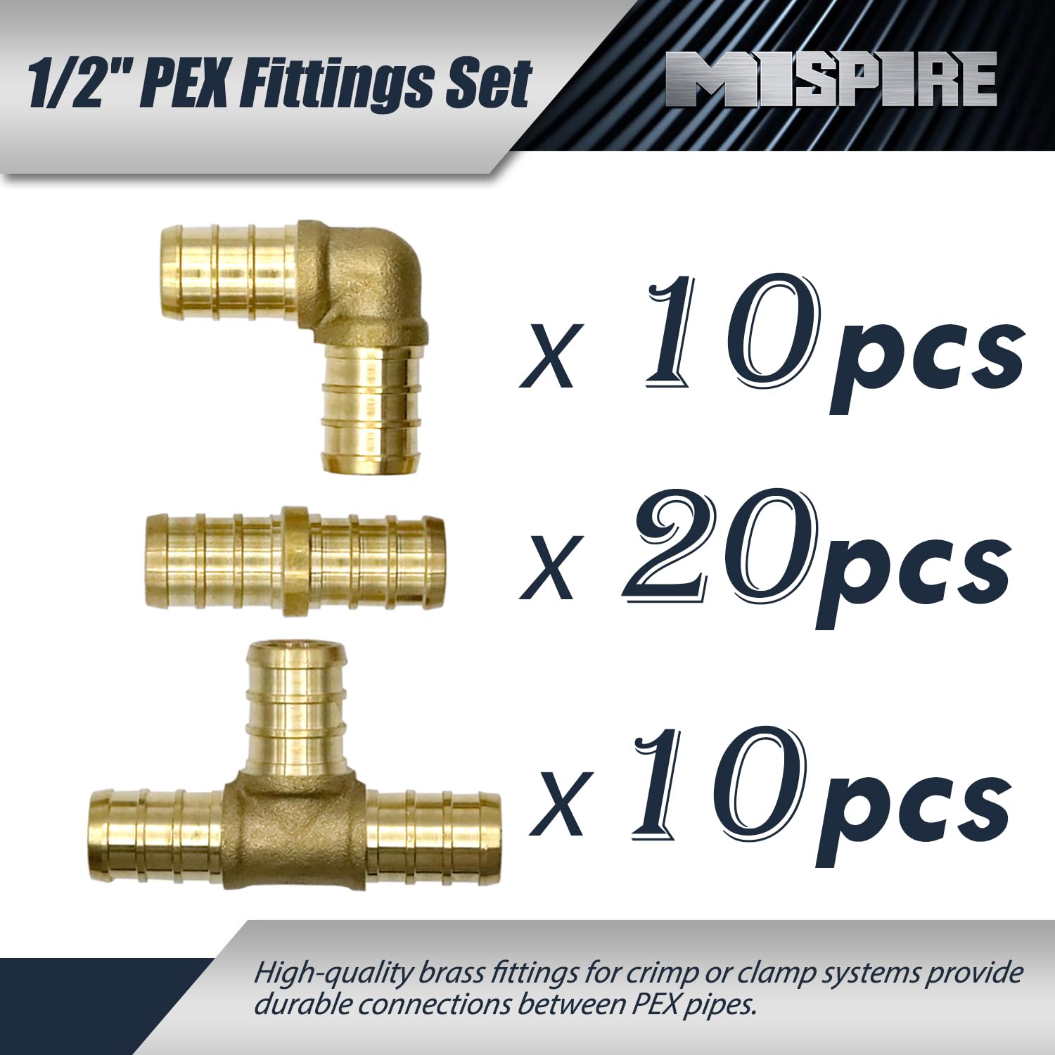 PEX Fittings - Paquete de 40 accesorios de 1/2 pulgada, 20 acopladores rectos, 10 codos de 90 grados y 10 piezas de crimpado en T, combo de accesorios de crimpado de latón PEX, latón sin plomo para