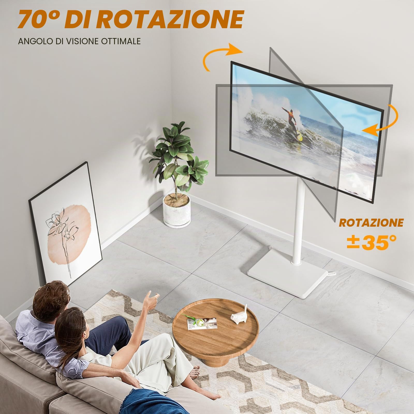 TVON Supporto TV da Pavimento per TV da 32 a 60 pollici Supporto TV Alto con Piedini di Supporto, Supporto TVs ad Angolo Sottile Regolabile in Altezza, Girevole, Max VESA 400x400mm fino a 40kg