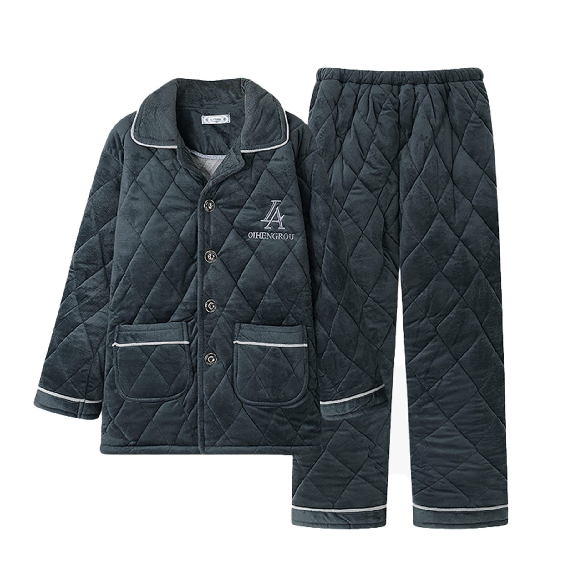 Pijama de 2 Piezas para Hombre de Manga Larga Loungewear 3 Capas Acolchado de Felpa PJ Set