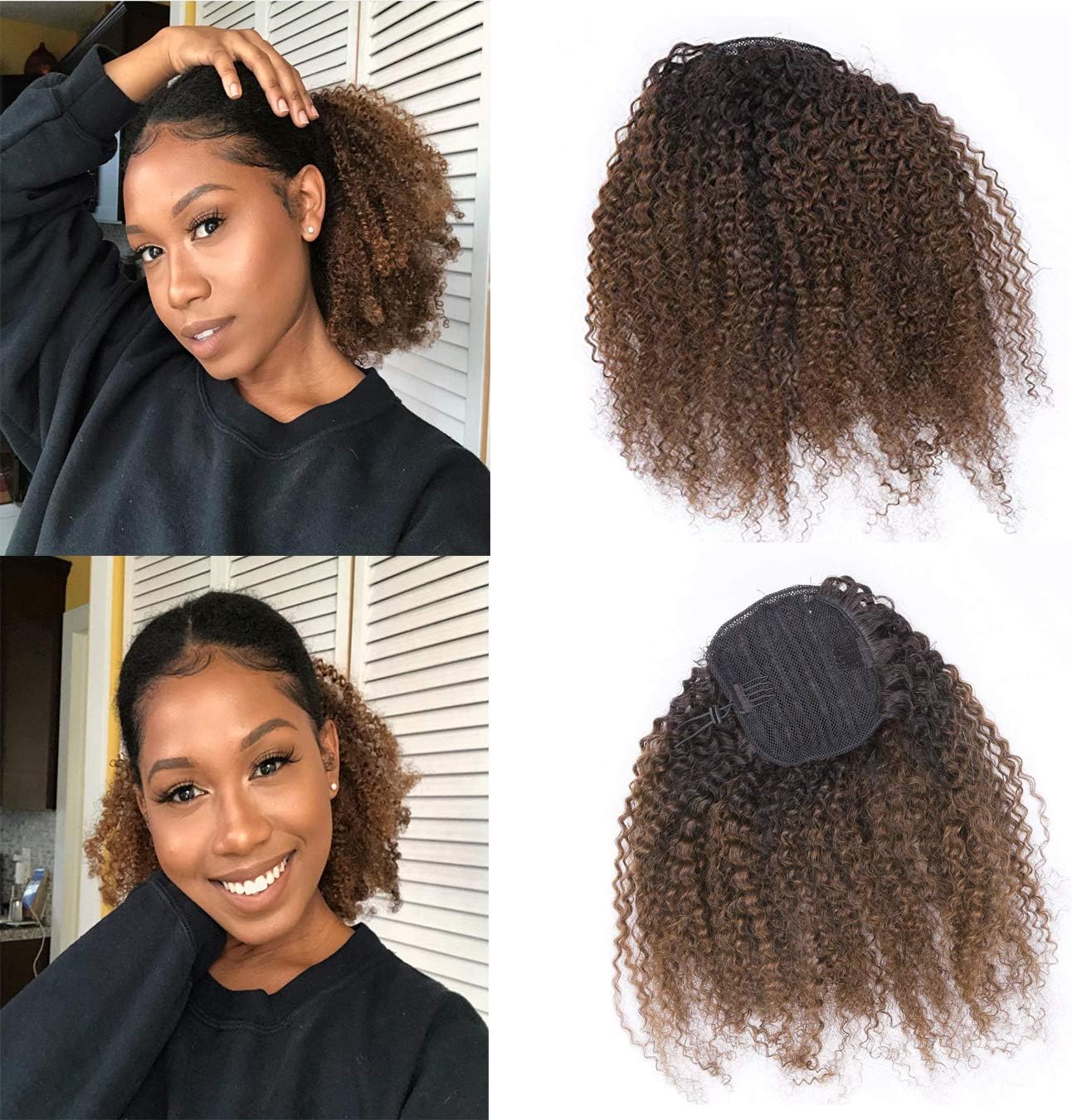 Afro Kinky Curly Extension Ponytail Human Hair Natural Ponytail Extension For Black Women 4B 4C Hair Pieces For Women Drawstring Curly Ponytail Hair Piece Ombre Ponytail 1B/4 Dark Brown 20 Inch