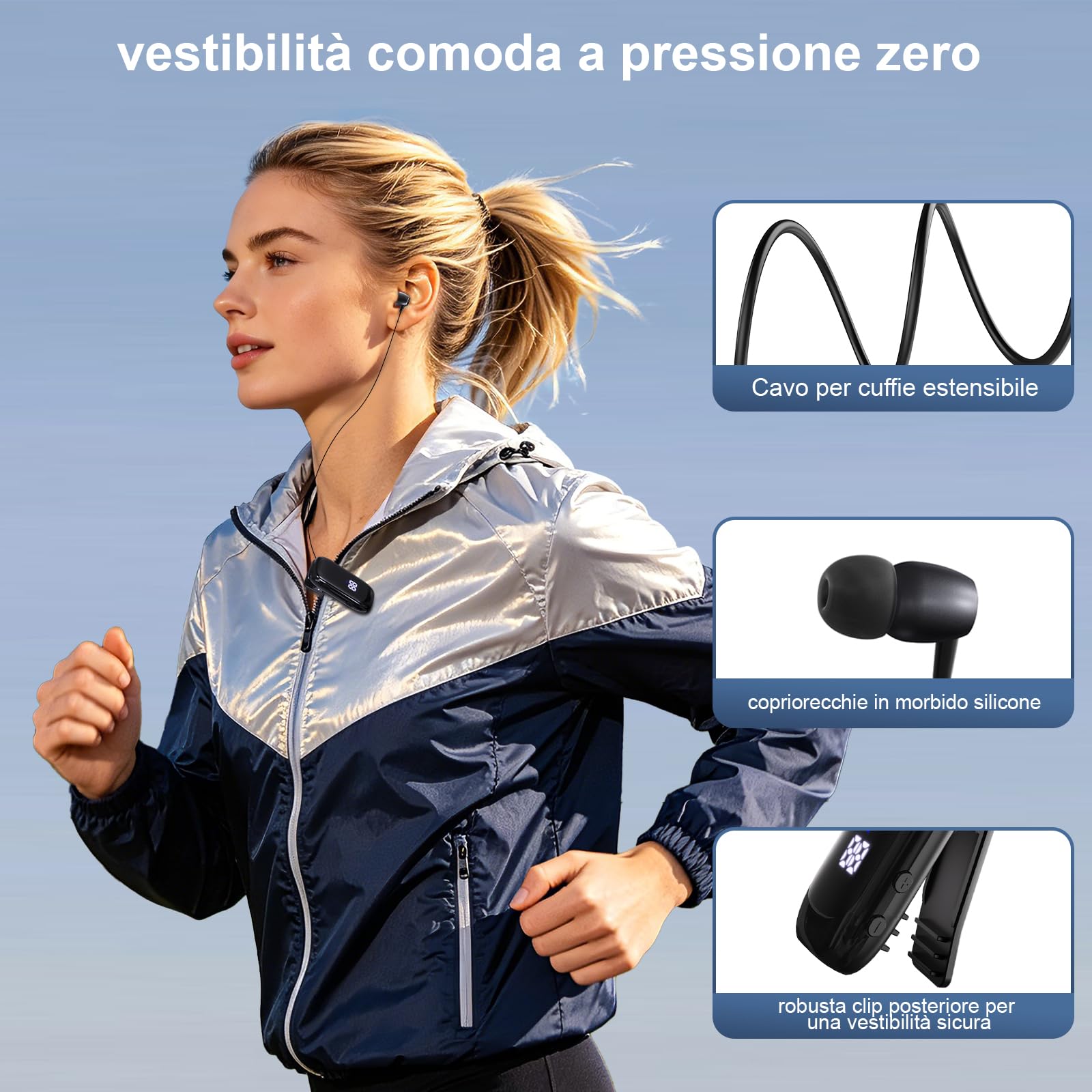 esonstyle Auricolare Bluetooth Mono In-Ear con Clip e Filo Retrattile | Batteria da 20 Ore e Microfono con Cancellazione del Rumore per Chiamate Nitide. Perfetto per Sport, Ufficio e Guida